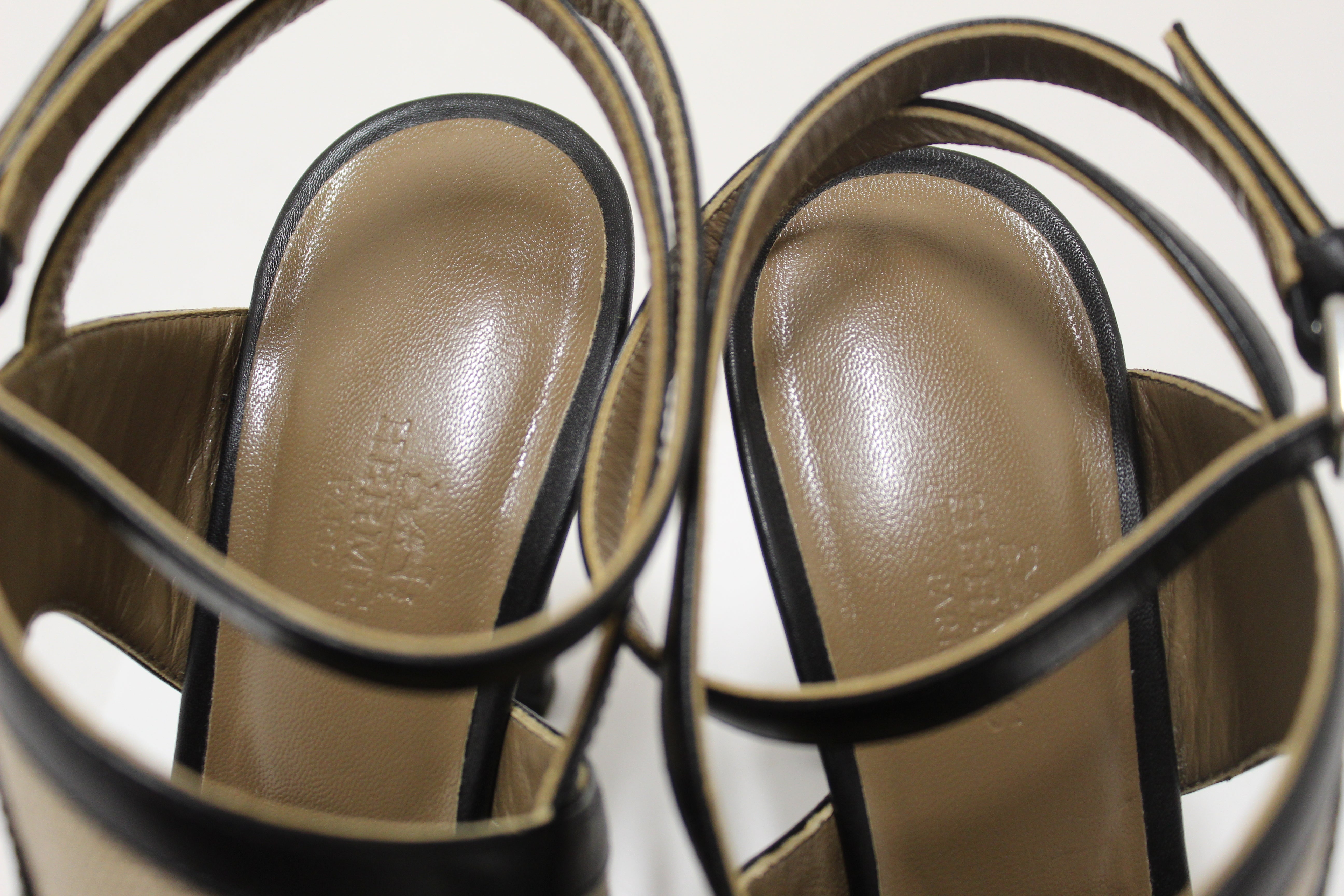 Authentic Hermes Black Toile Calfskin Leather Rafaella Sandals Size 37