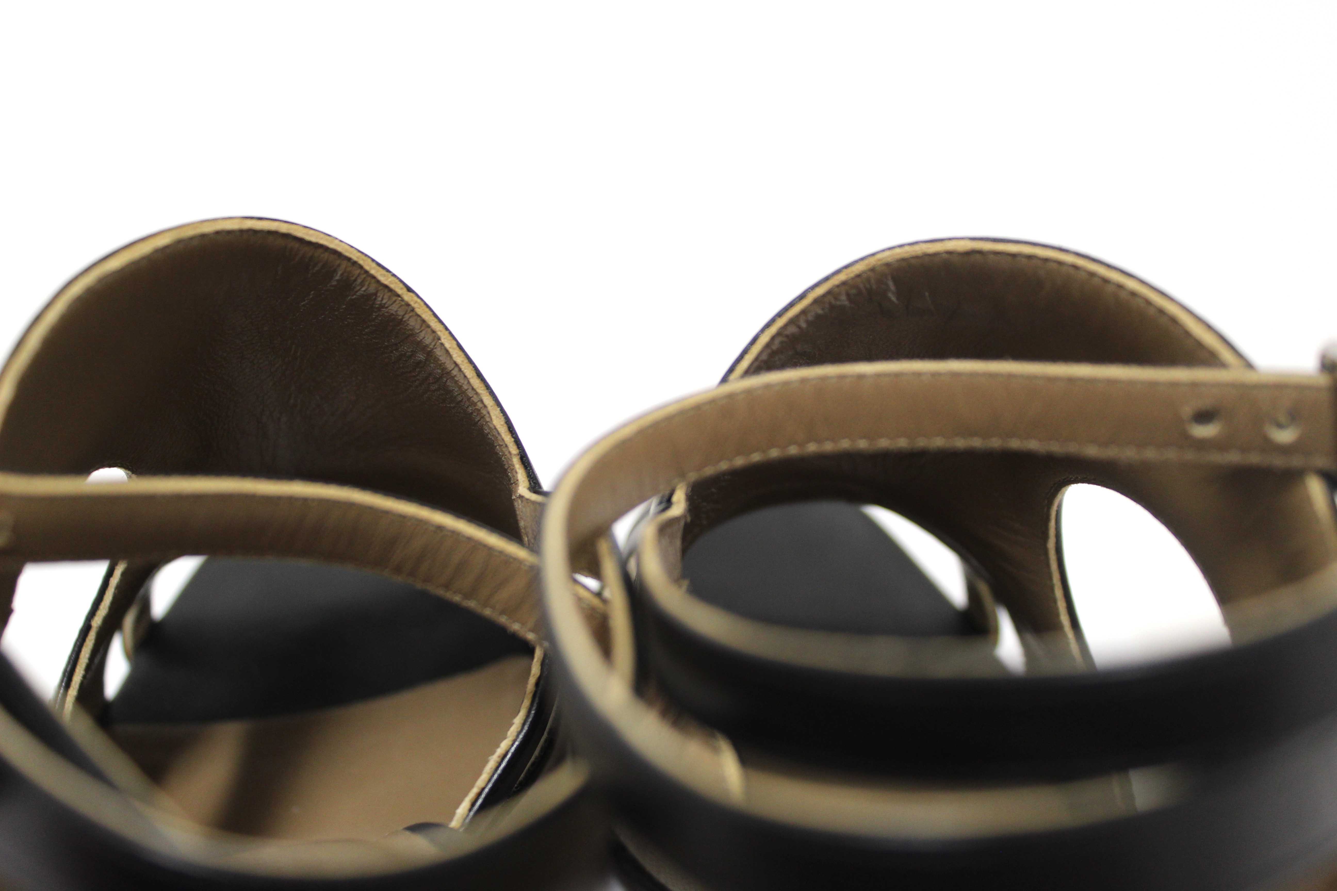 Authentic Hermes Black Toile Calfskin Leather Rafaella Sandals Size 37