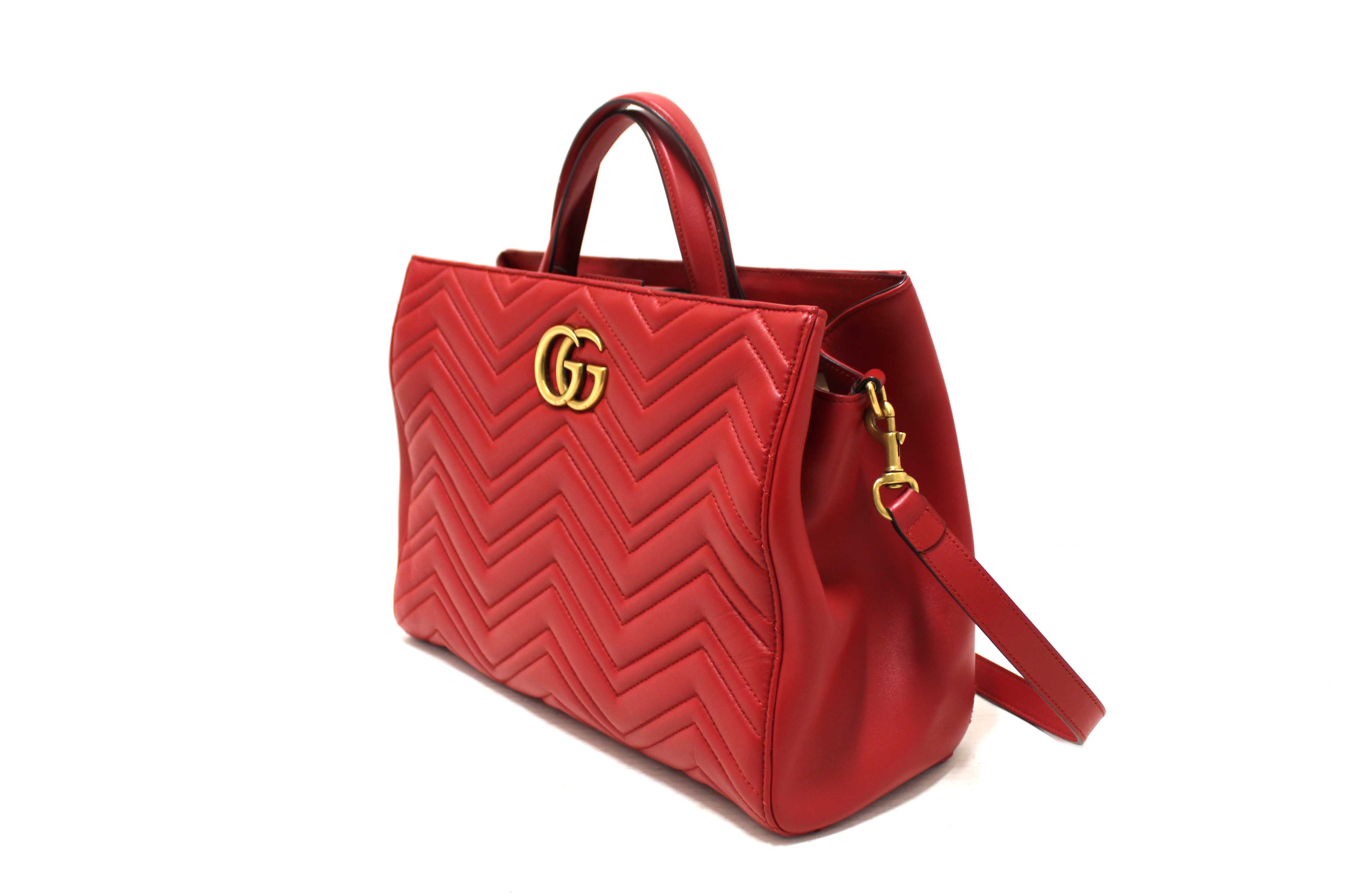 Authentic Gucci Red Hibiscus Red Calfskin Matelasse GG Marmont Medium Top Handle Shoulder Bag