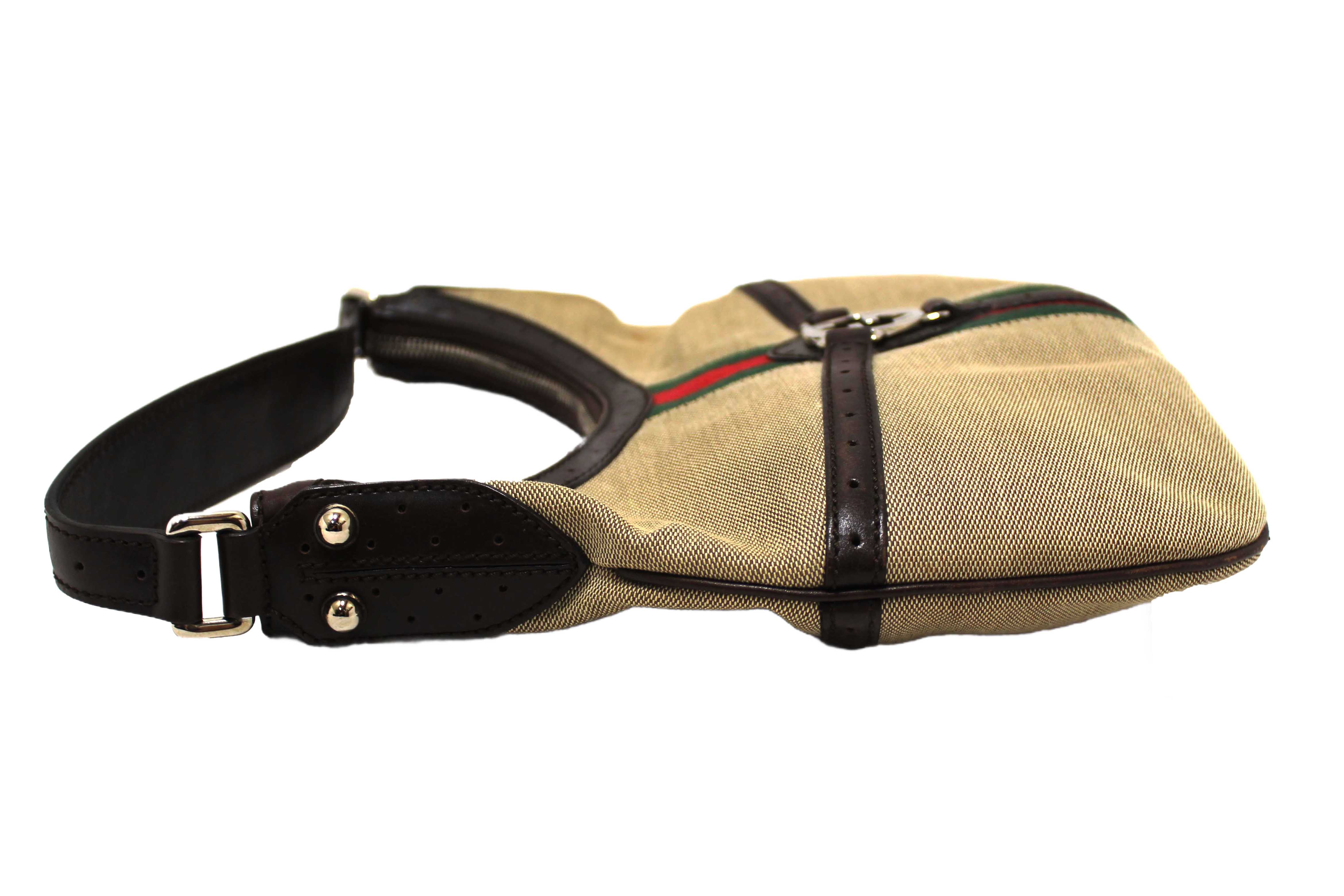Authentic Gucci Beige Canvas Web GG Reins Small Hobo Bag 114869