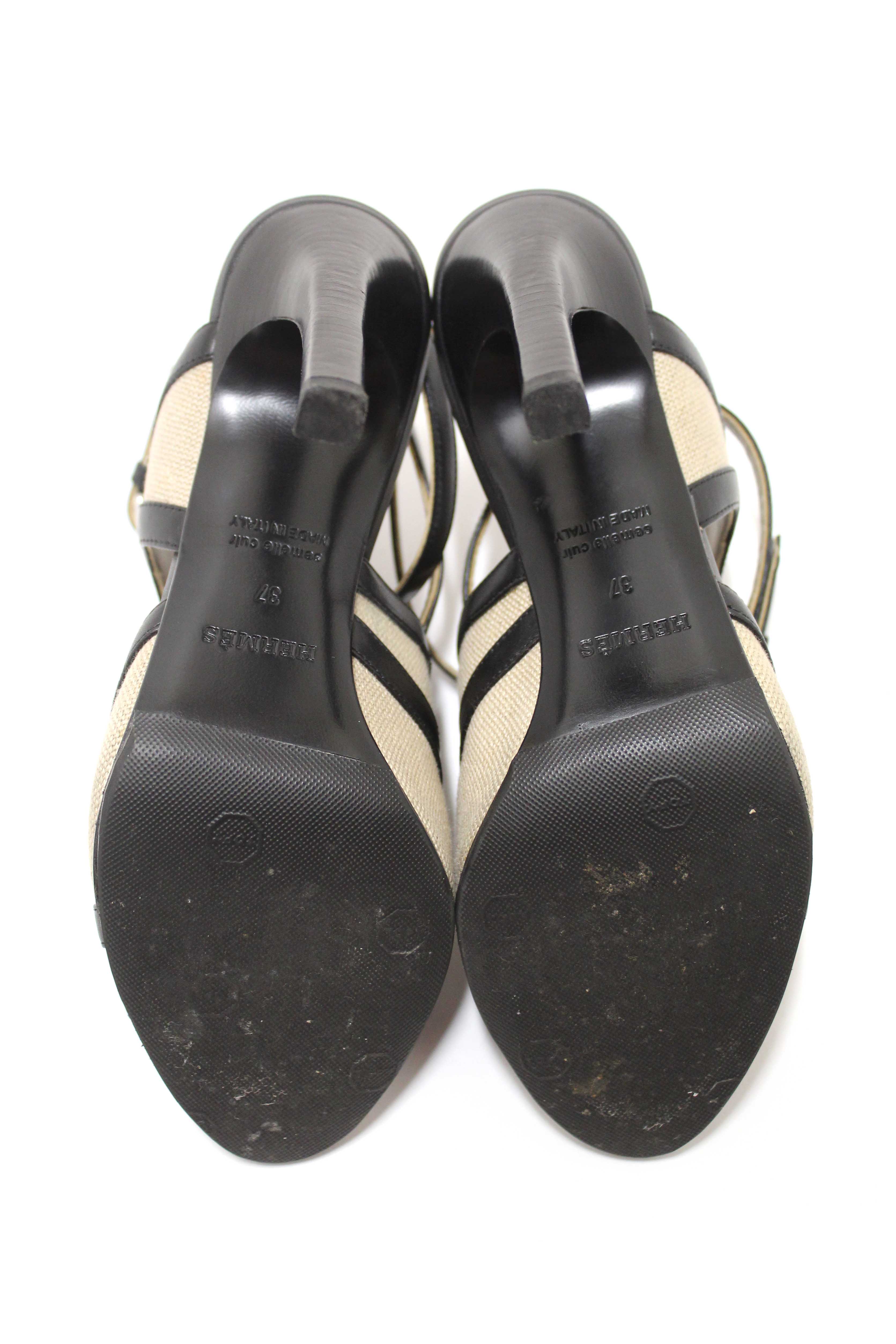 Authentic Hermes Black Toile Calfskin Leather Rafaella Sandals Size 37