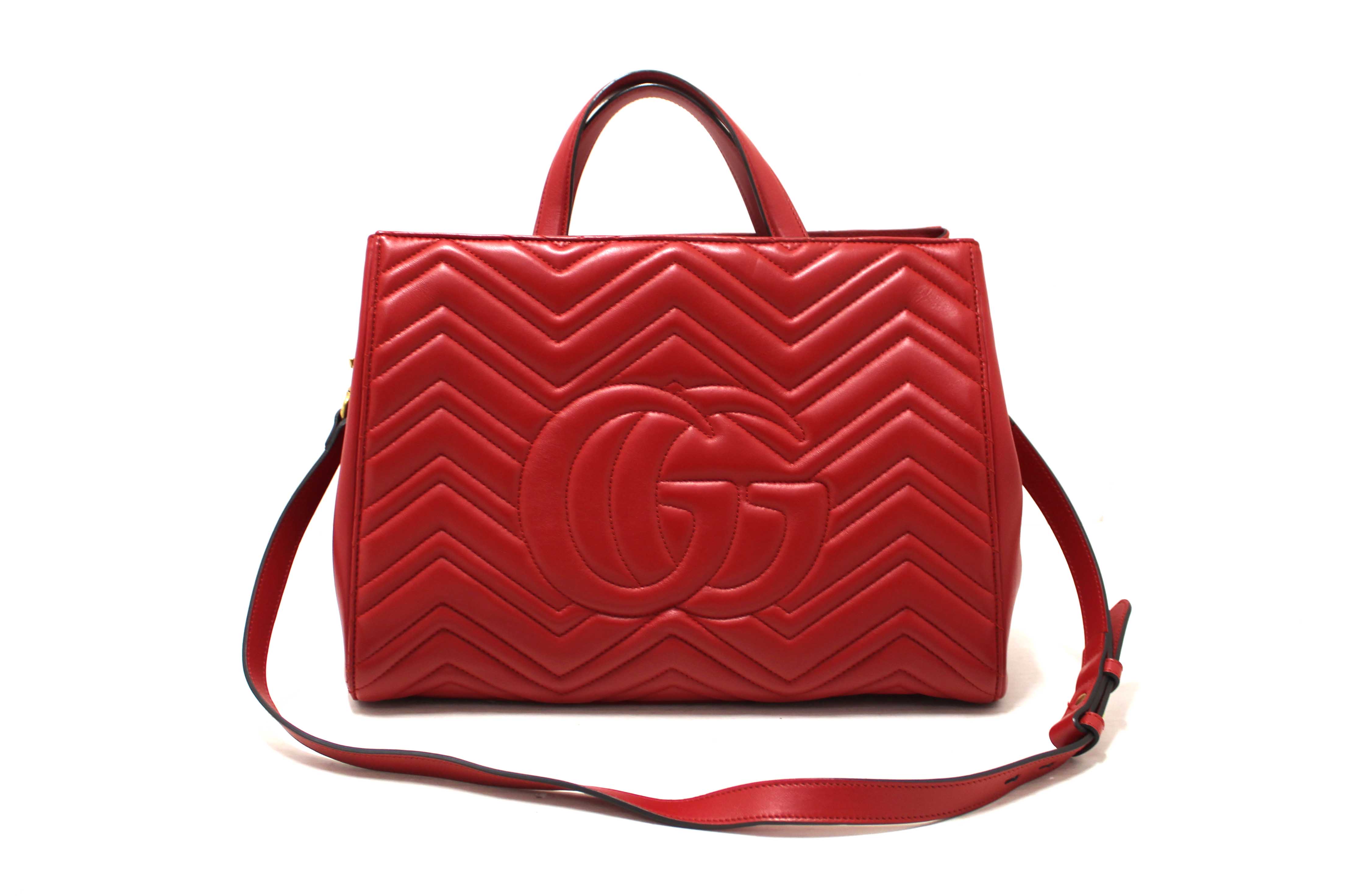 Authentic Gucci Red Hibiscus Red Calfskin Matelasse GG Marmont Medium Top Handle Shoulder Bag