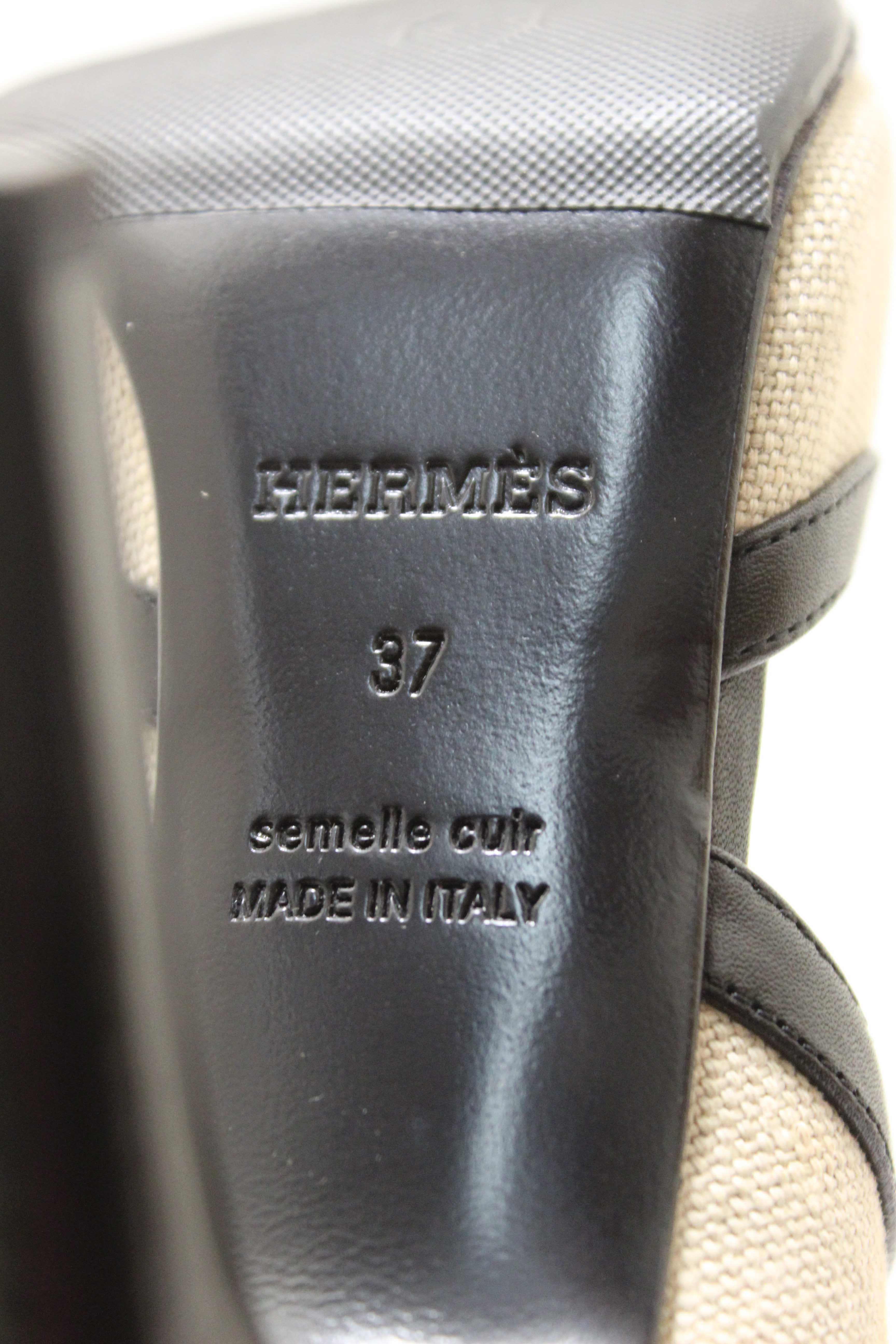 Authentic Hermes Black Toile Calfskin Leather Rafaella Sandals Size 37