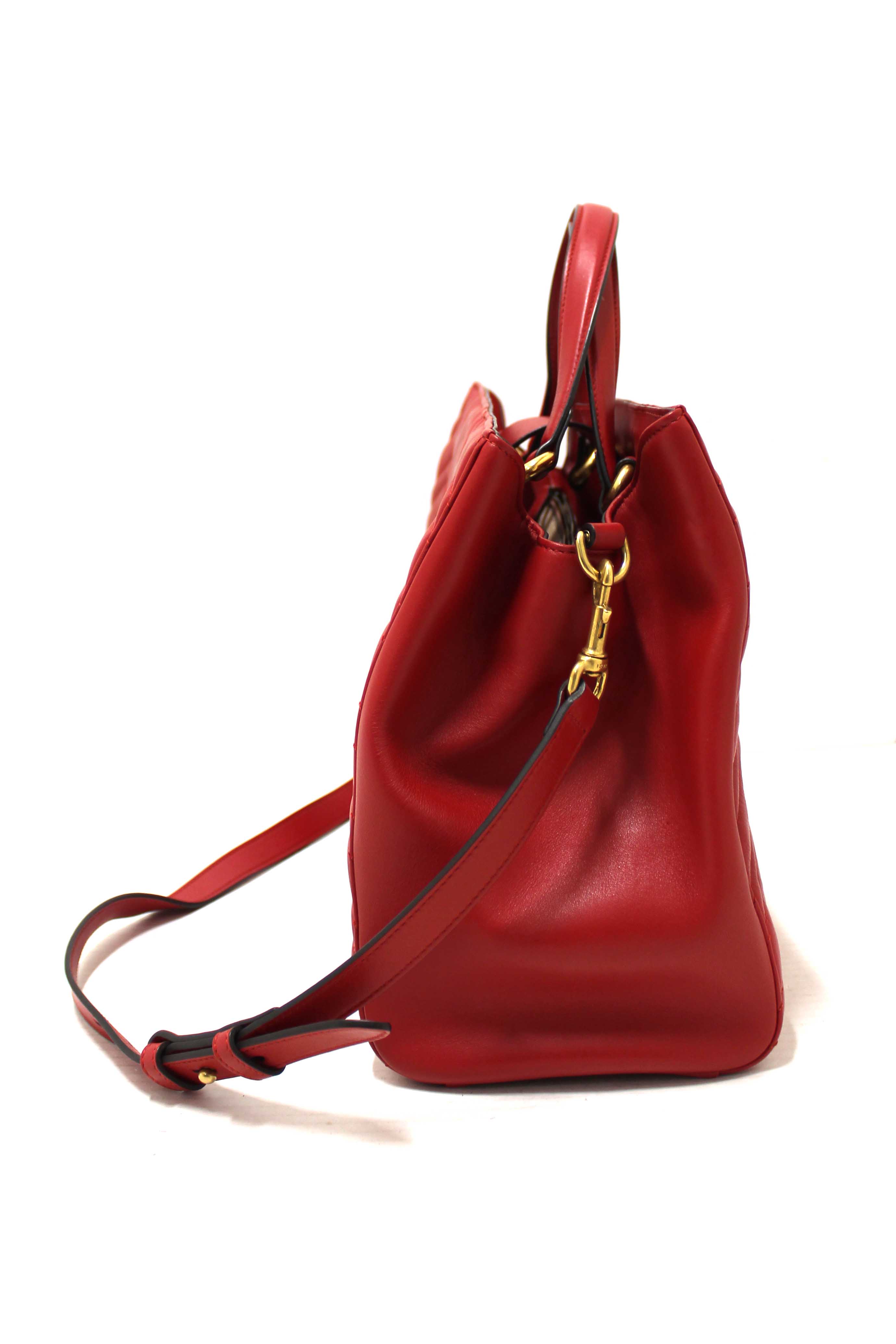Authentic Gucci Red Hibiscus Red Calfskin Matelasse GG Marmont Medium Top Handle Shoulder Bag