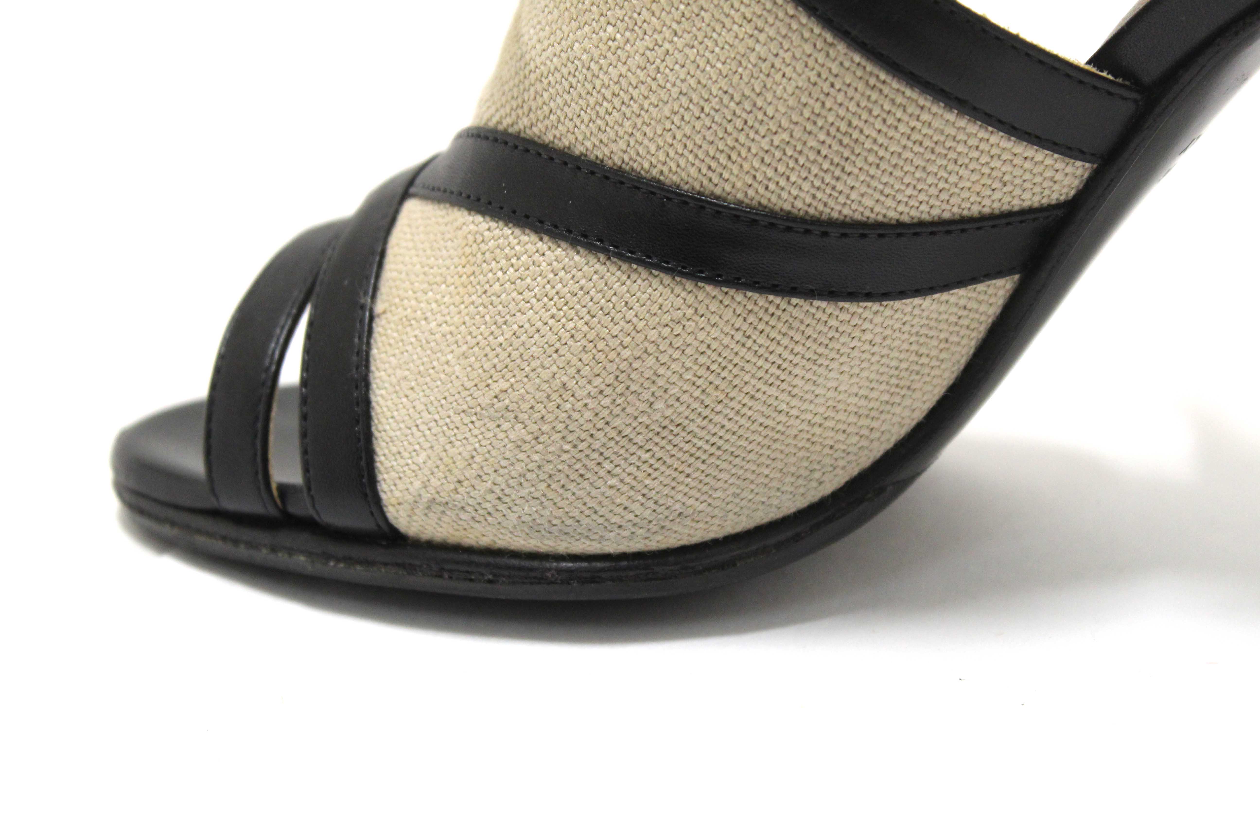 Authentic Hermes Black Toile Calfskin Leather Rafaella Sandals Size 37