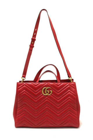 Authentic Gucci Red Hibiscus Red Calfskin Matelasse GG Marmont Medium Top Handle Shoulder Bag
