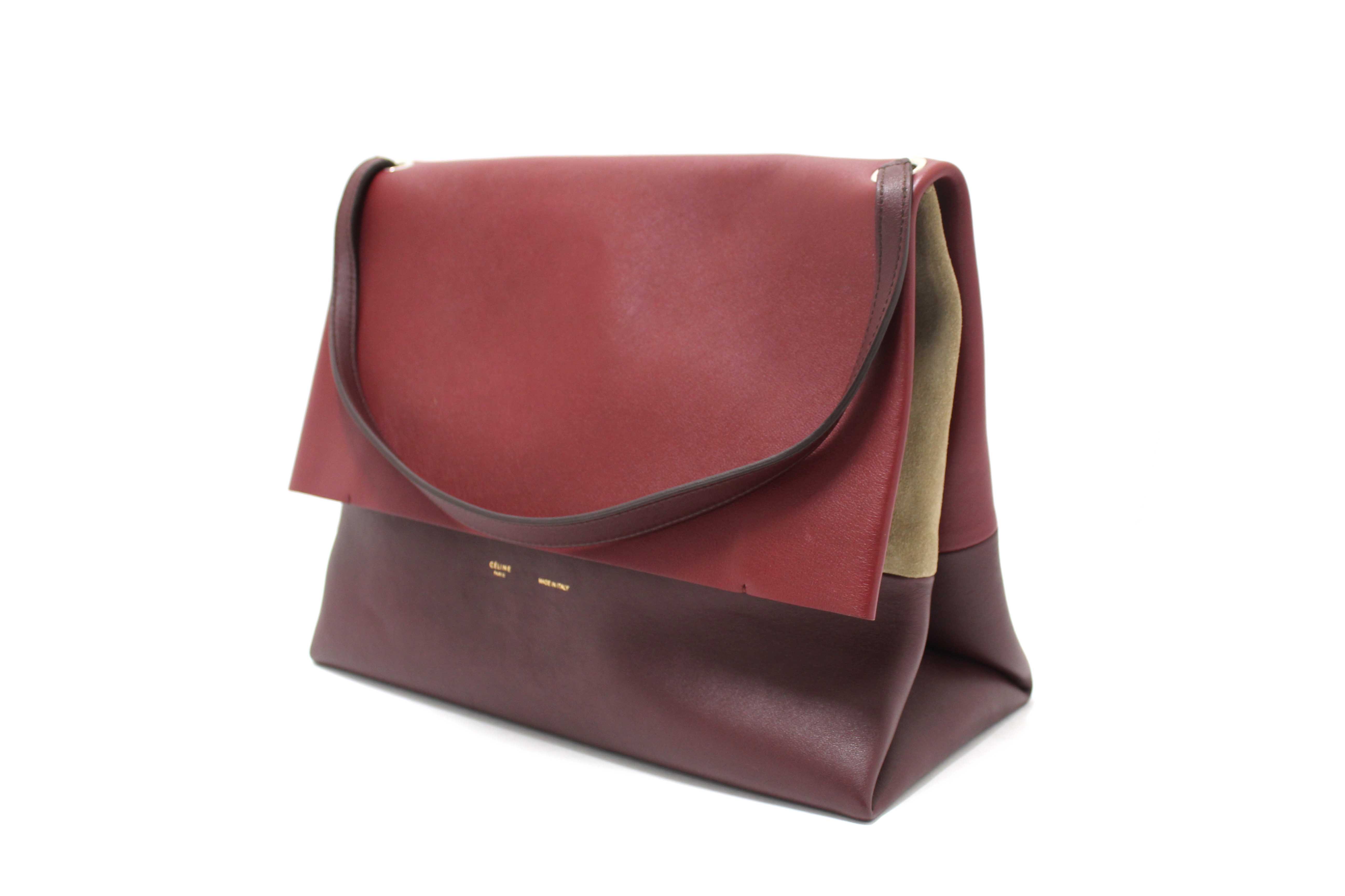 Authentic Celine Burgundy/Grey Calfskin Leather and Suede All Soft Shoulder Bag