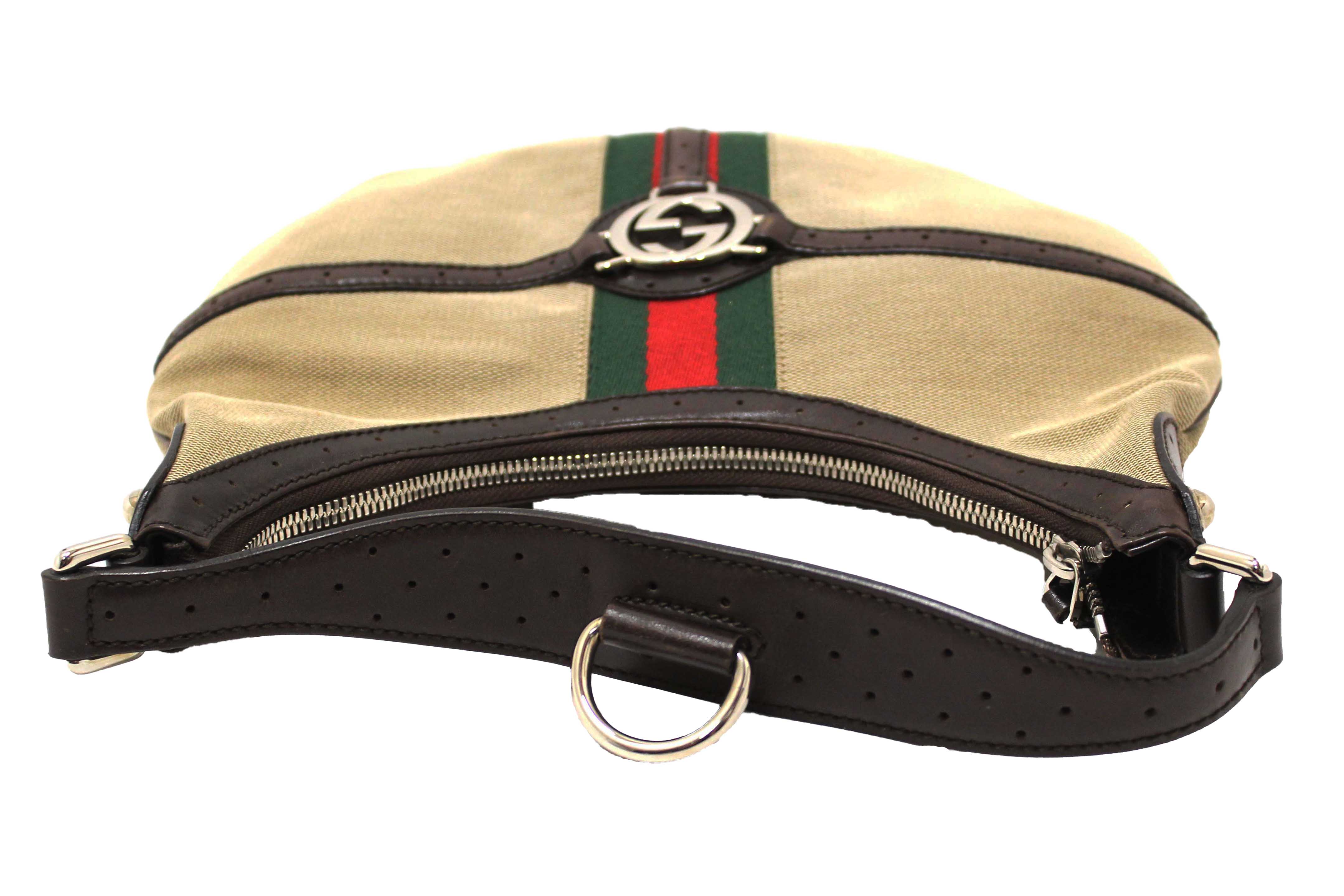 Authentic Gucci Beige Canvas Web GG Reins Small Hobo Bag 114869