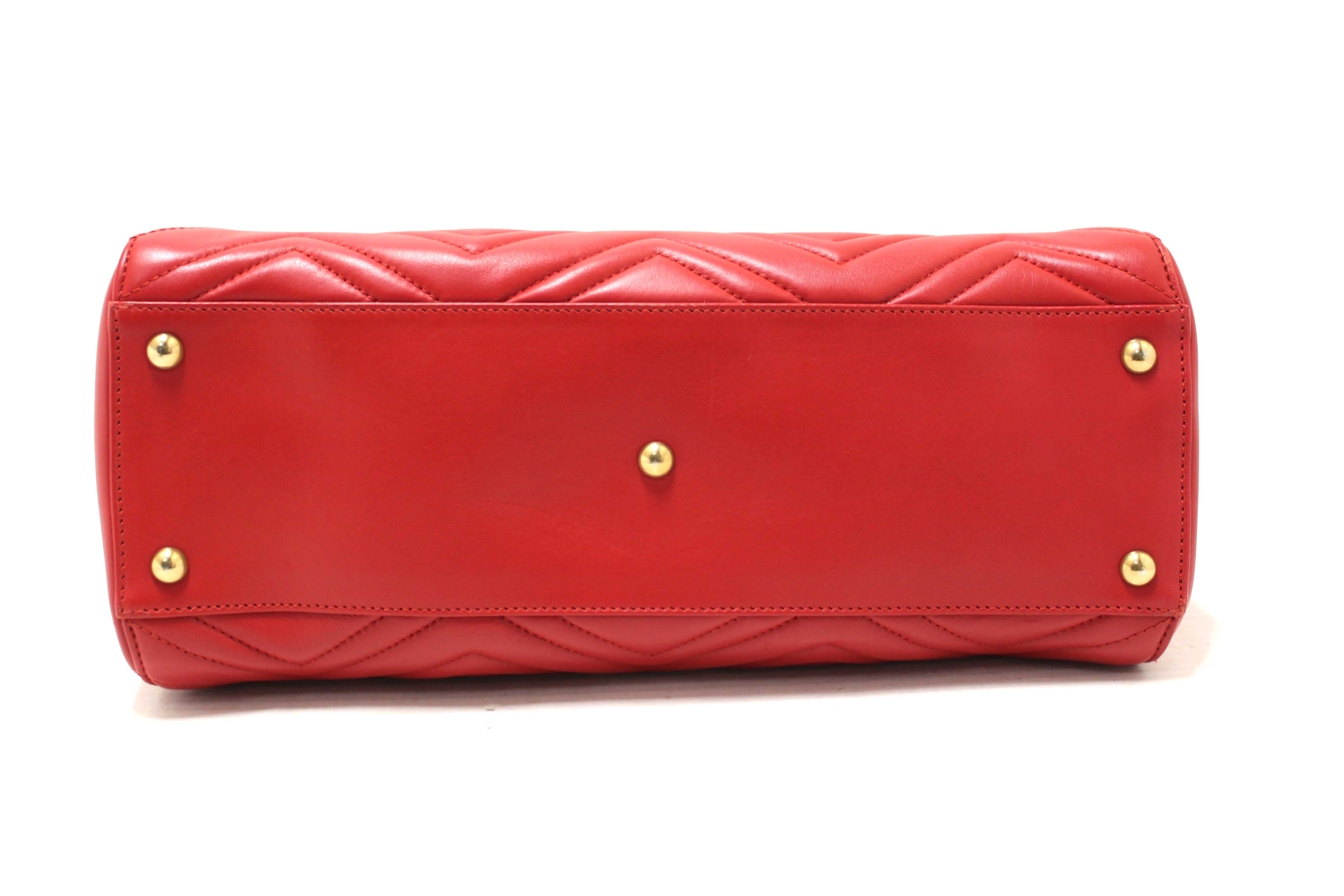 Authentic Gucci Red Hibiscus Red Calfskin Matelasse GG Marmont Medium Top Handle Shoulder Bag
