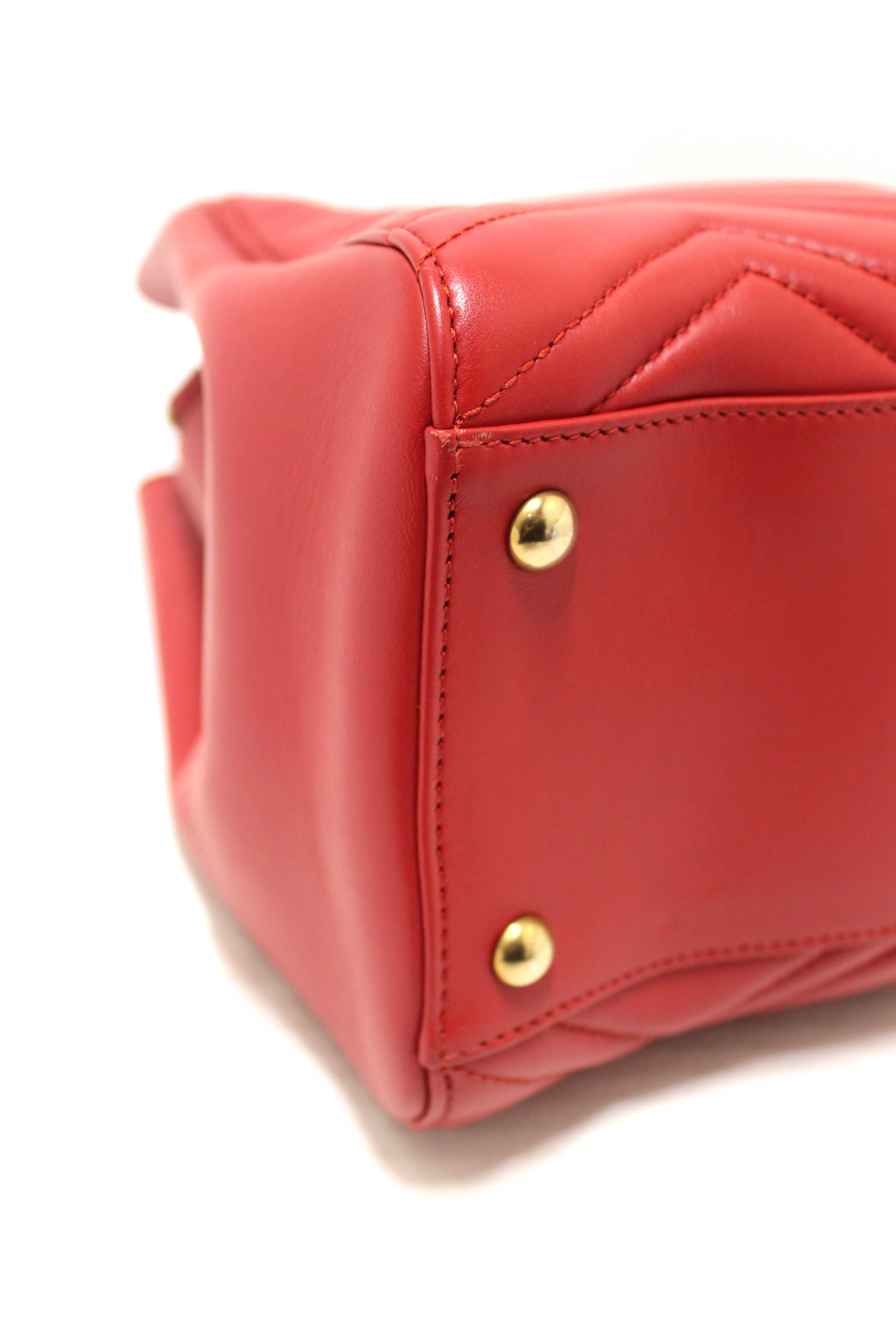 Authentic Gucci Red Hibiscus Red Calfskin Matelasse GG Marmont Medium Top Handle Shoulder Bag