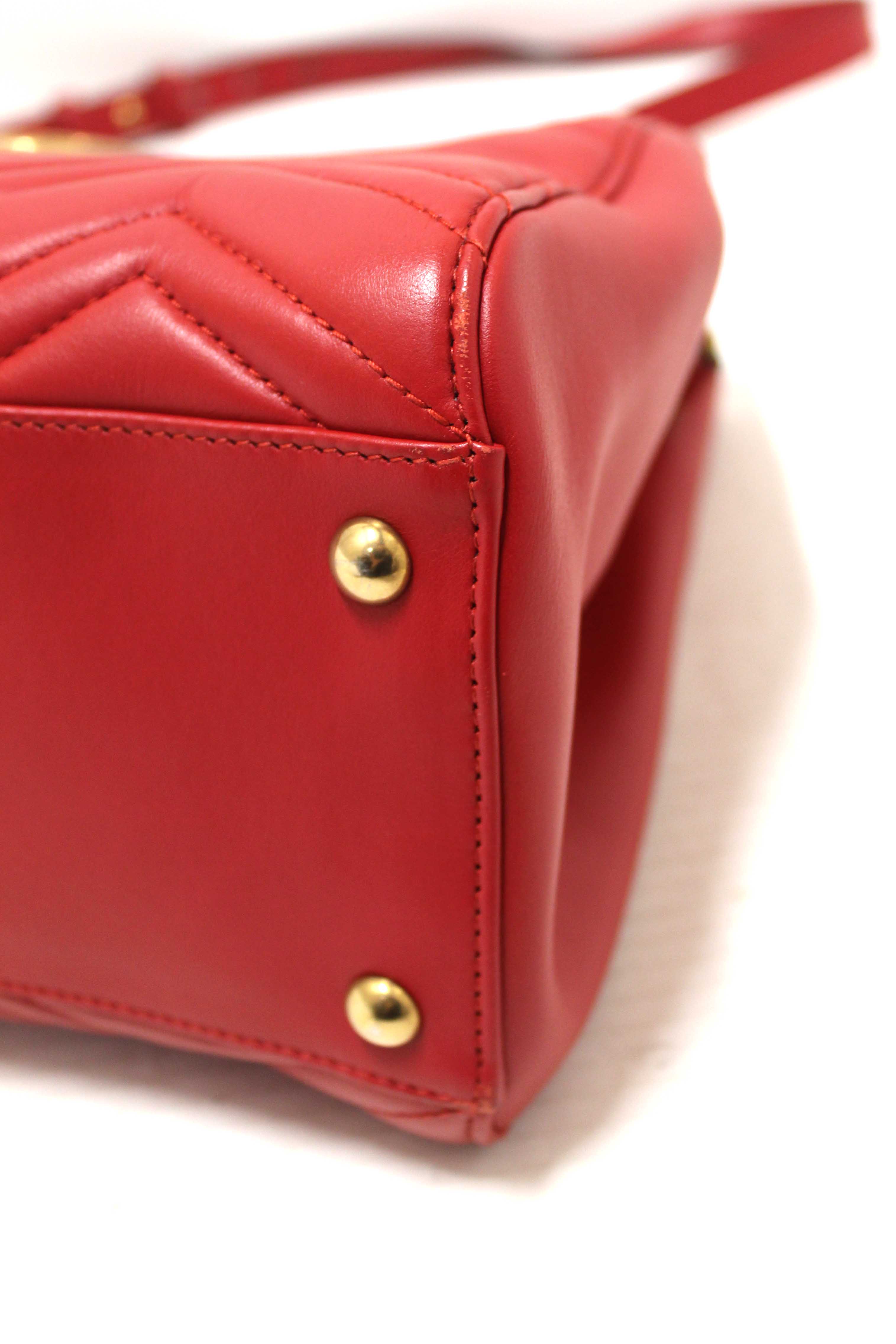 Authentic Gucci Red Hibiscus Red Calfskin Matelasse GG Marmont Medium Top Handle Shoulder Bag