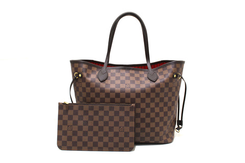 Authentic Louis Vuitton Damier Ebene Canvas Neverfull MM with Red Interior Tote Shoulder Bag