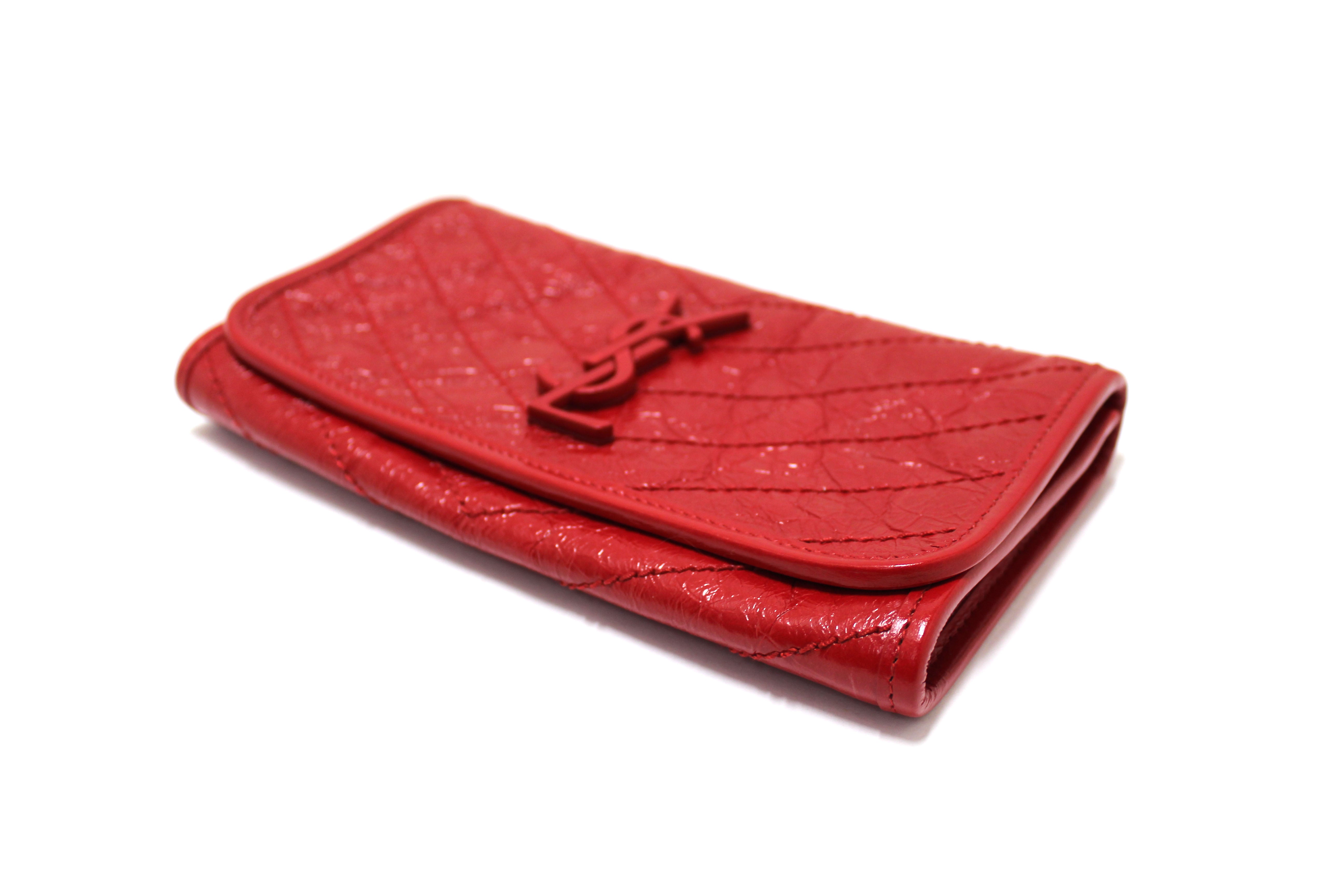 Authentic Saint Laurent Red Crinkled Calfskin Matelasse Niki Long Wallet