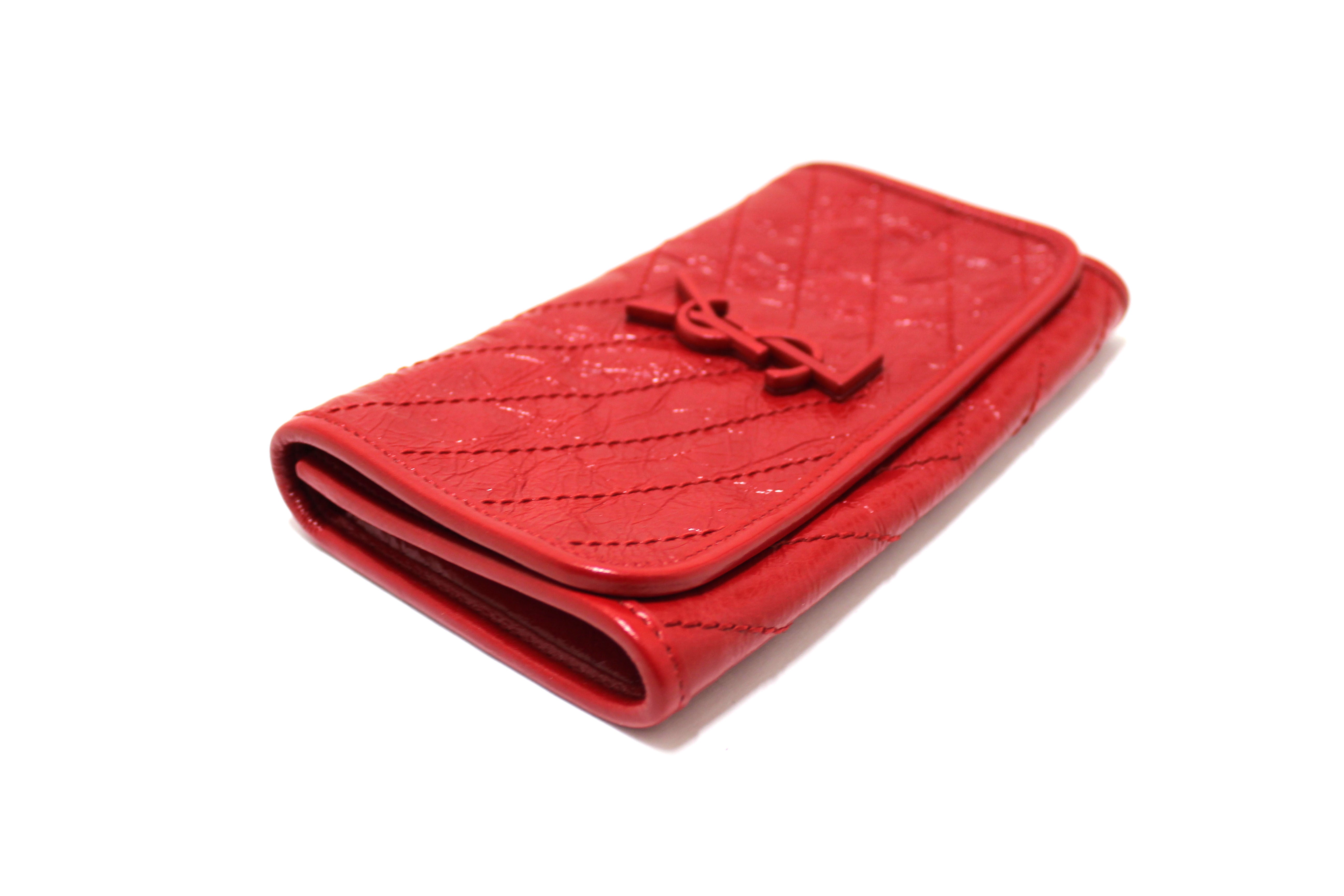 Authentic Saint Laurent Red Crinkled Calfskin Matelasse Niki Long Wallet