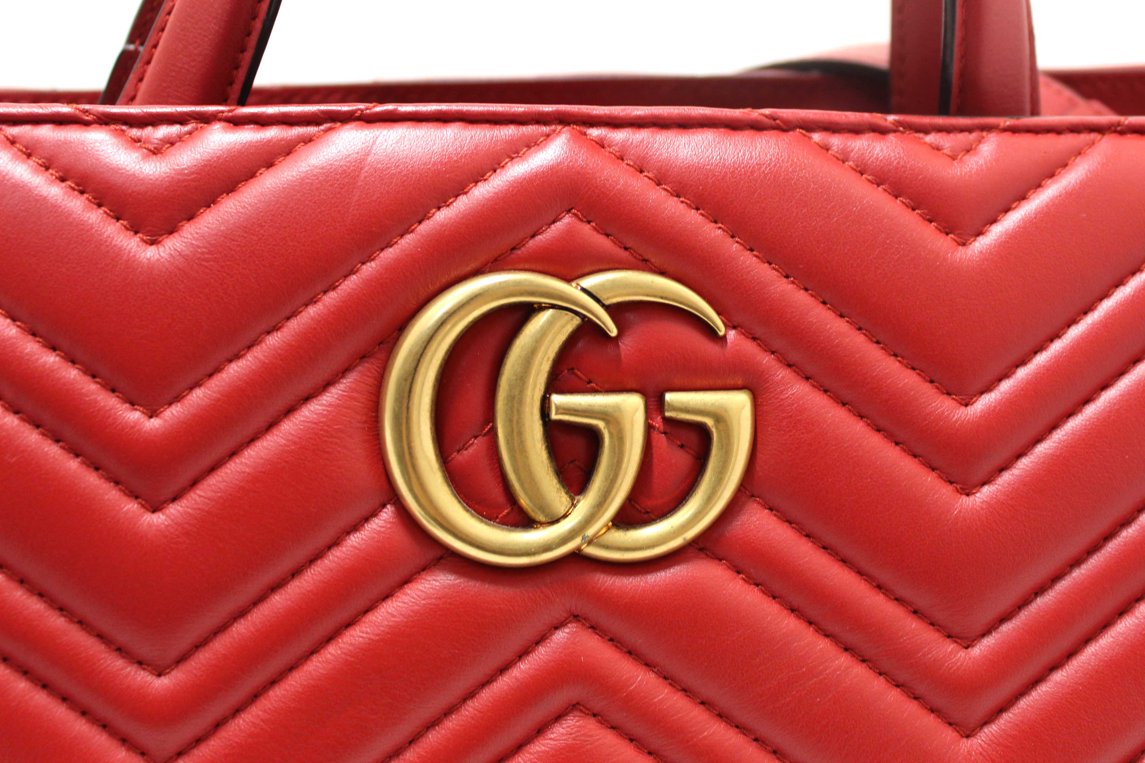 Authentic Gucci Red Hibiscus Red Calfskin Matelasse GG Marmont Medium Top Handle Shoulder Bag