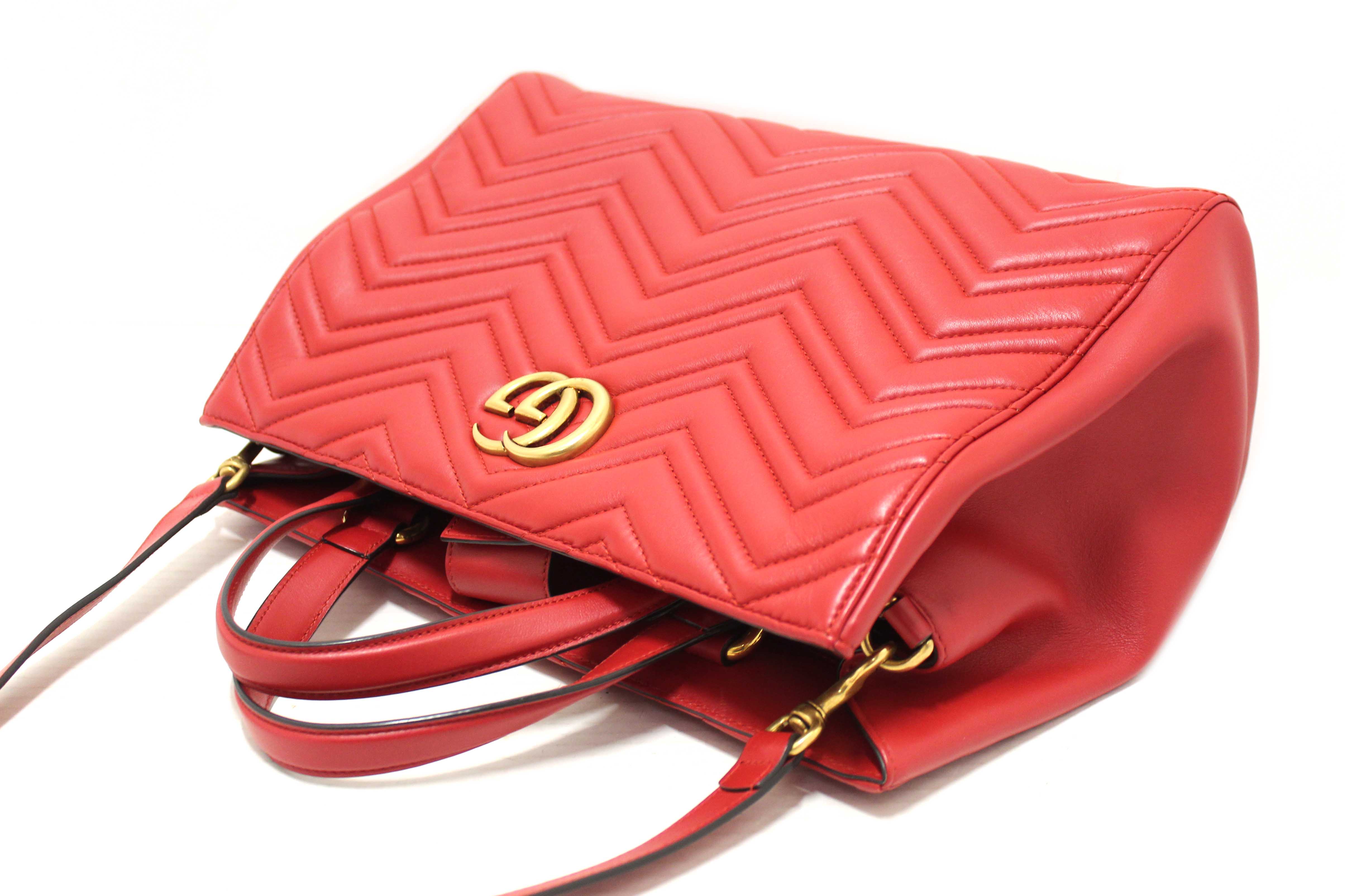 Authentic Gucci Red Hibiscus Red Calfskin Matelasse GG Marmont Medium Top Handle Shoulder Bag