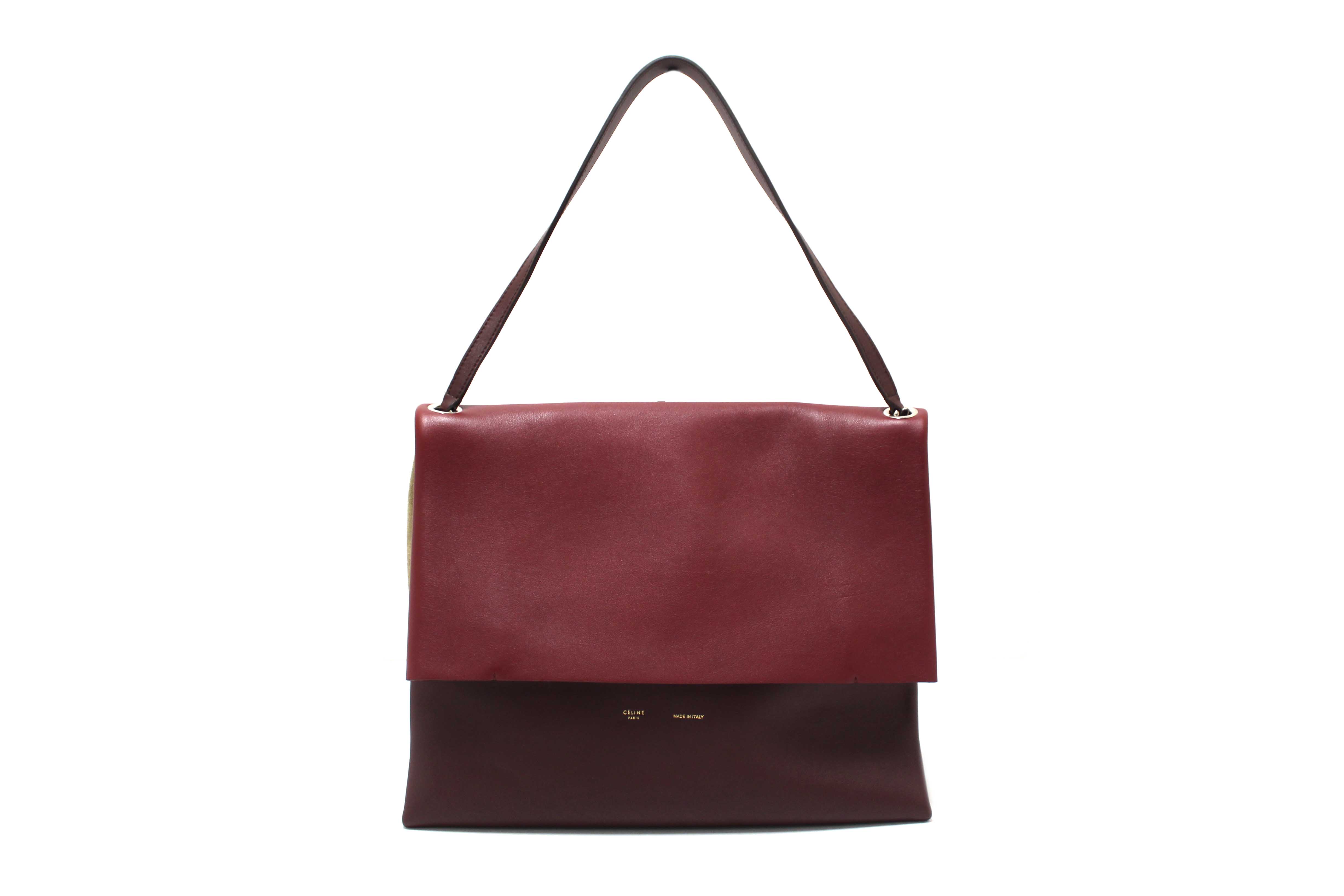 Authentic Celine Burgundy/Grey Calfskin Leather and Suede All Soft Shoulder Bag