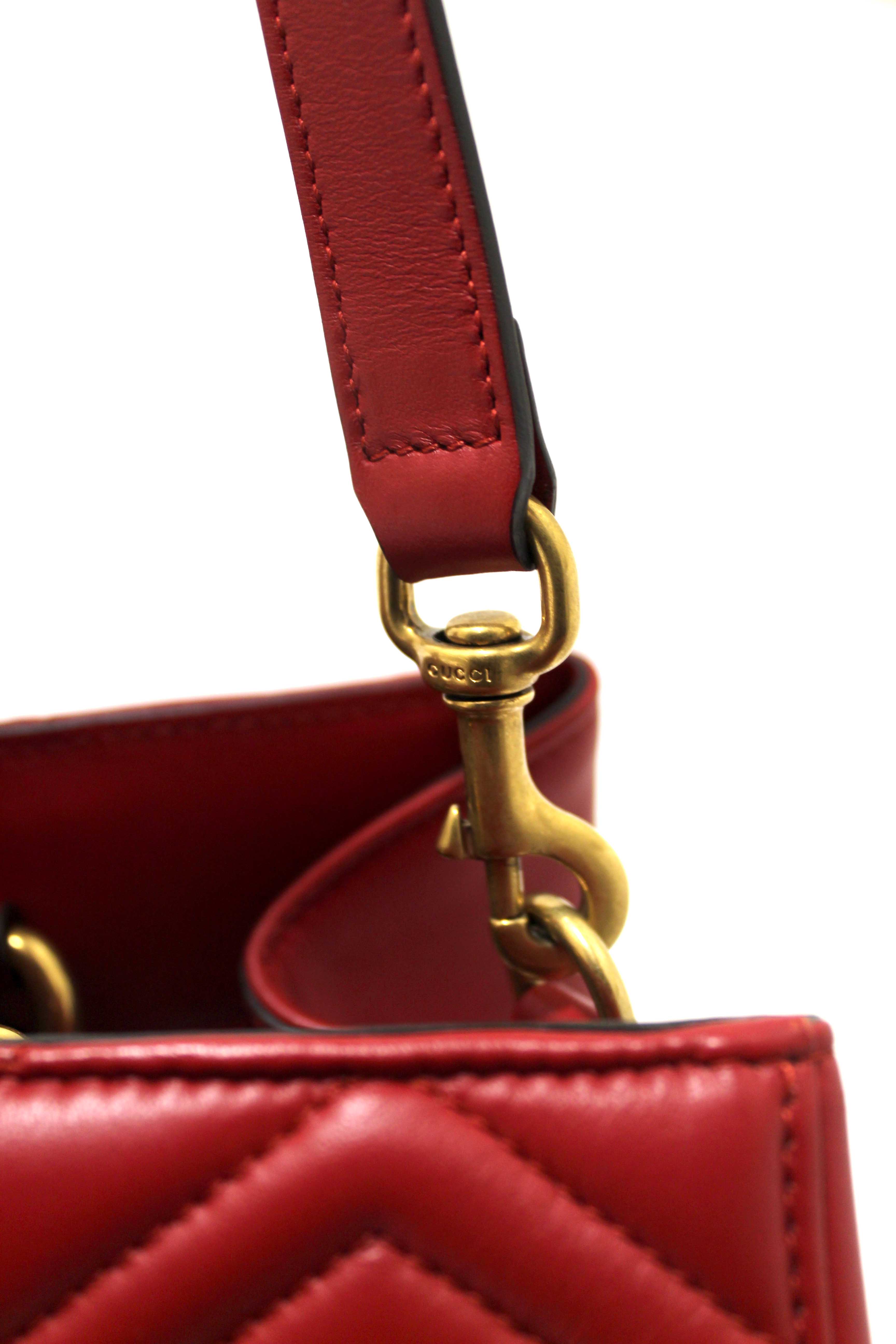 Authentic Gucci Red Hibiscus Red Calfskin Matelasse GG Marmont Medium Top Handle Shoulder Bag