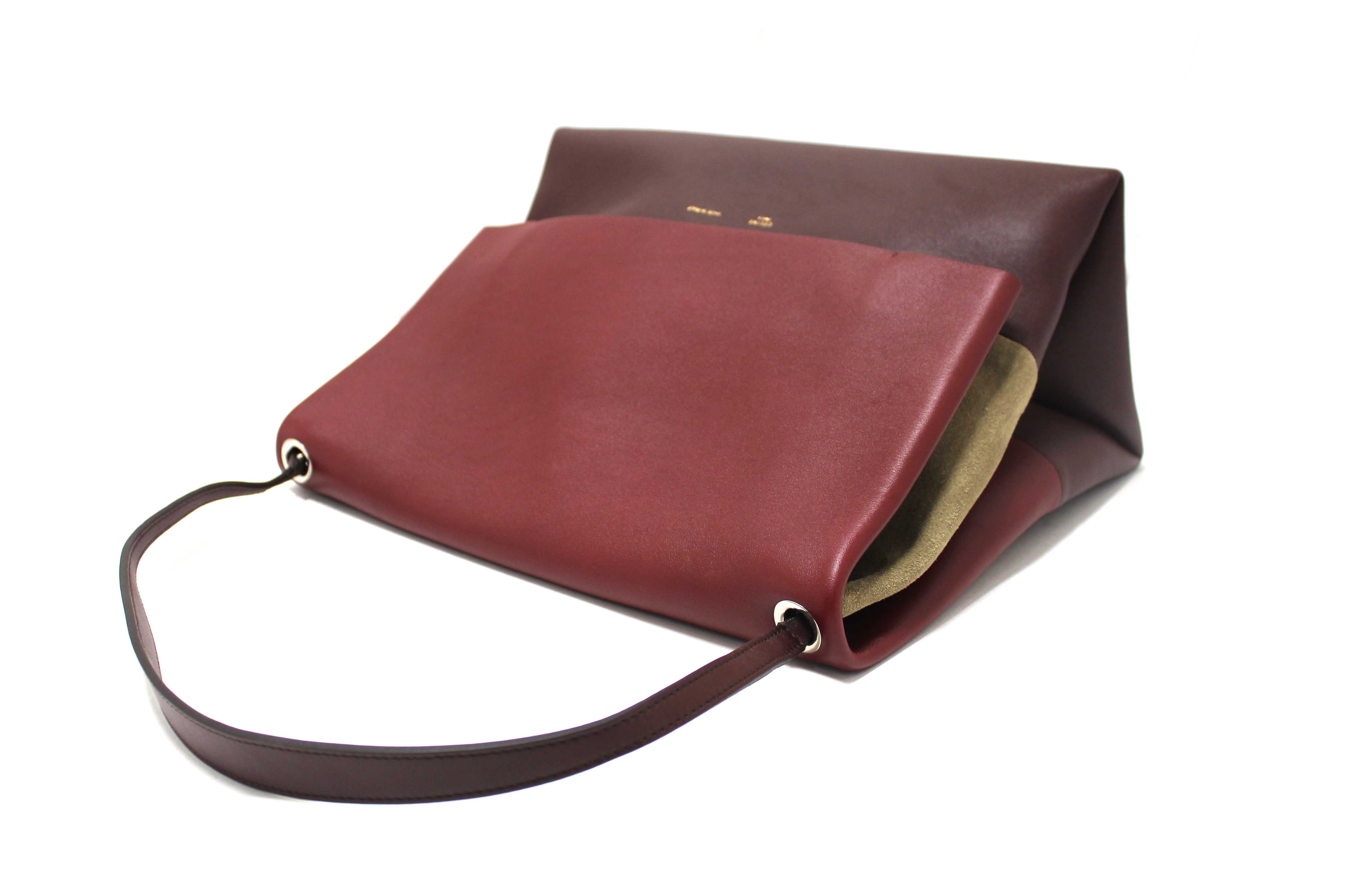 Authentic Celine Burgundy/Grey Calfskin Leather and Suede All Soft Shoulder Bag