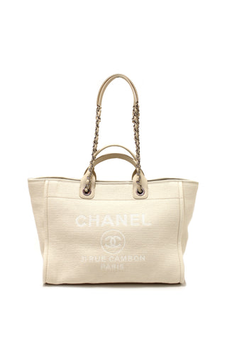 Authentic Chanel White Mixed Fibers Maxi Deauville Shopper Tote Bag