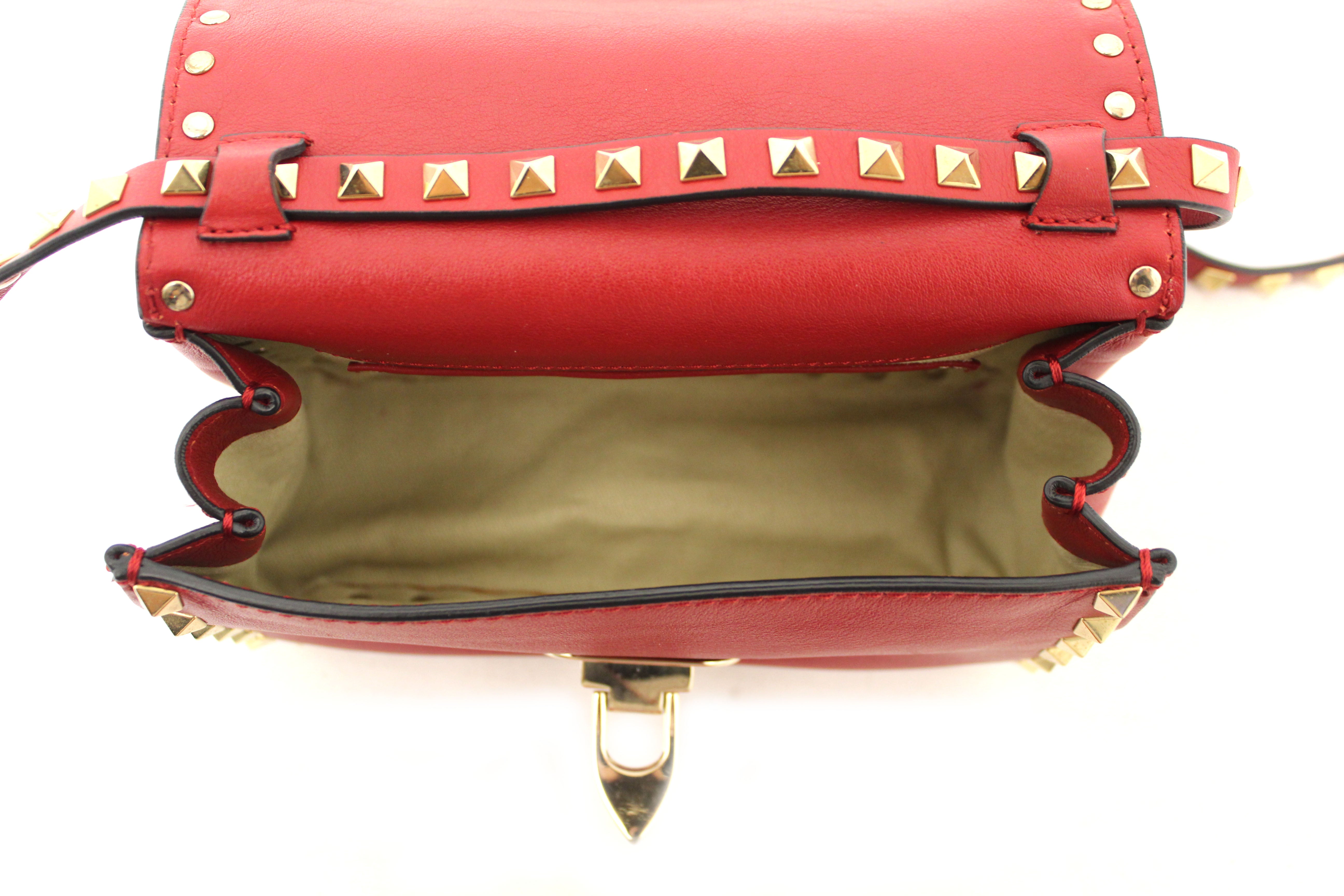 Authentic Valentino Garavani Red Vitello Mini Rockstud Flap Saddle Crossbody Bag