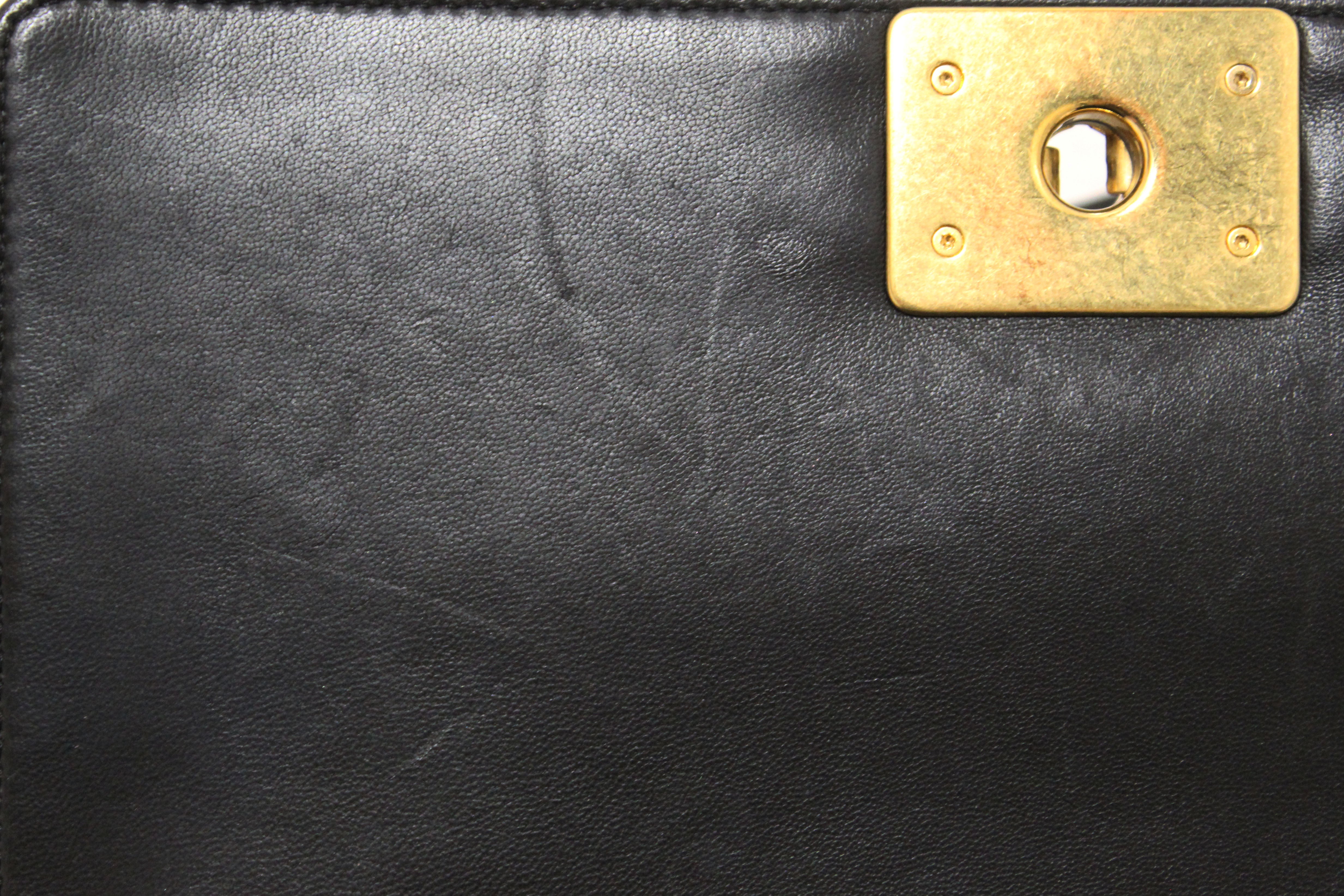 Authentic Chanel Black Quilted Lambskin Leather Medium Boy Shoulder Bag