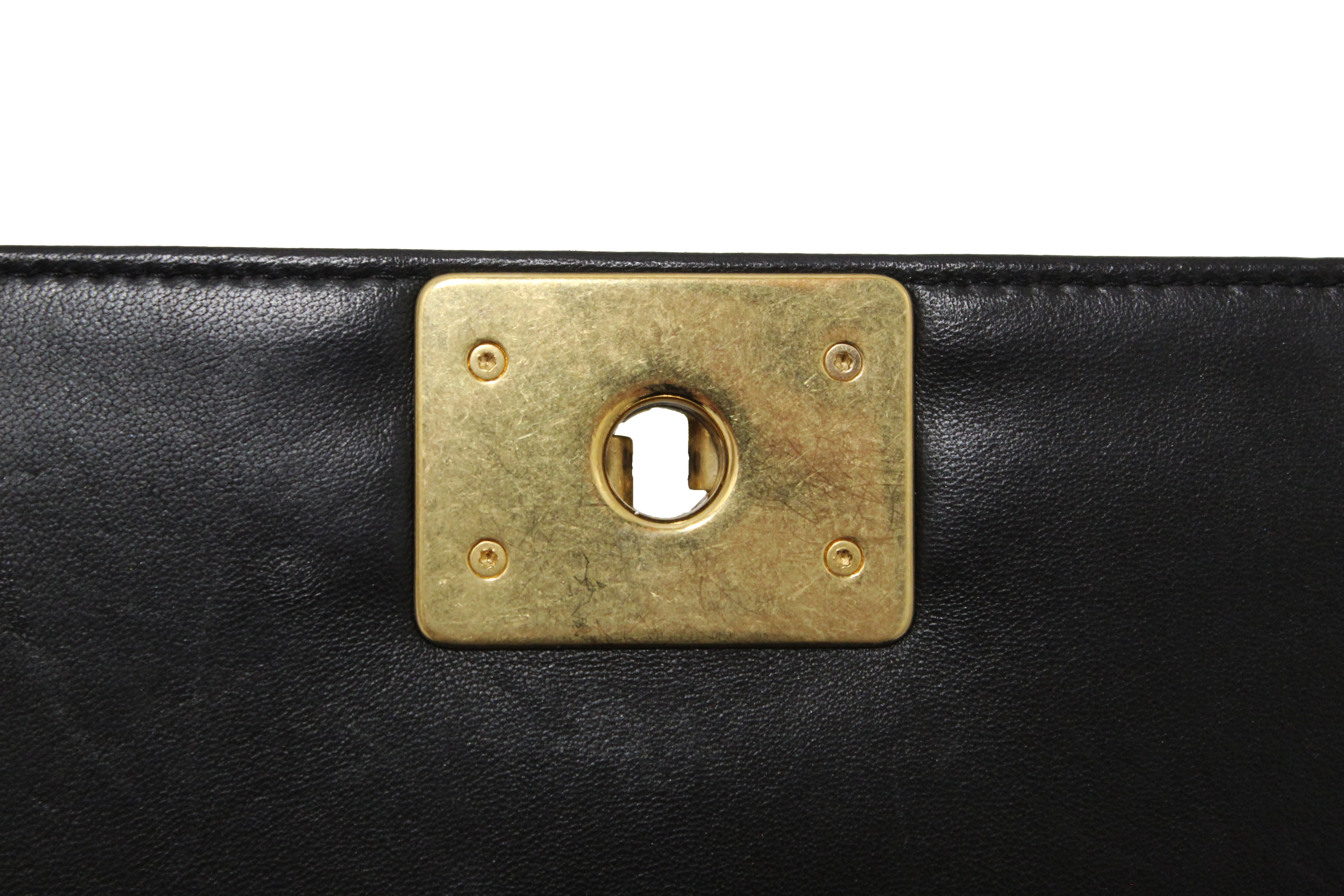Authentic Chanel Black Quilted Lambskin Leather Medium Boy Shoulder Bag