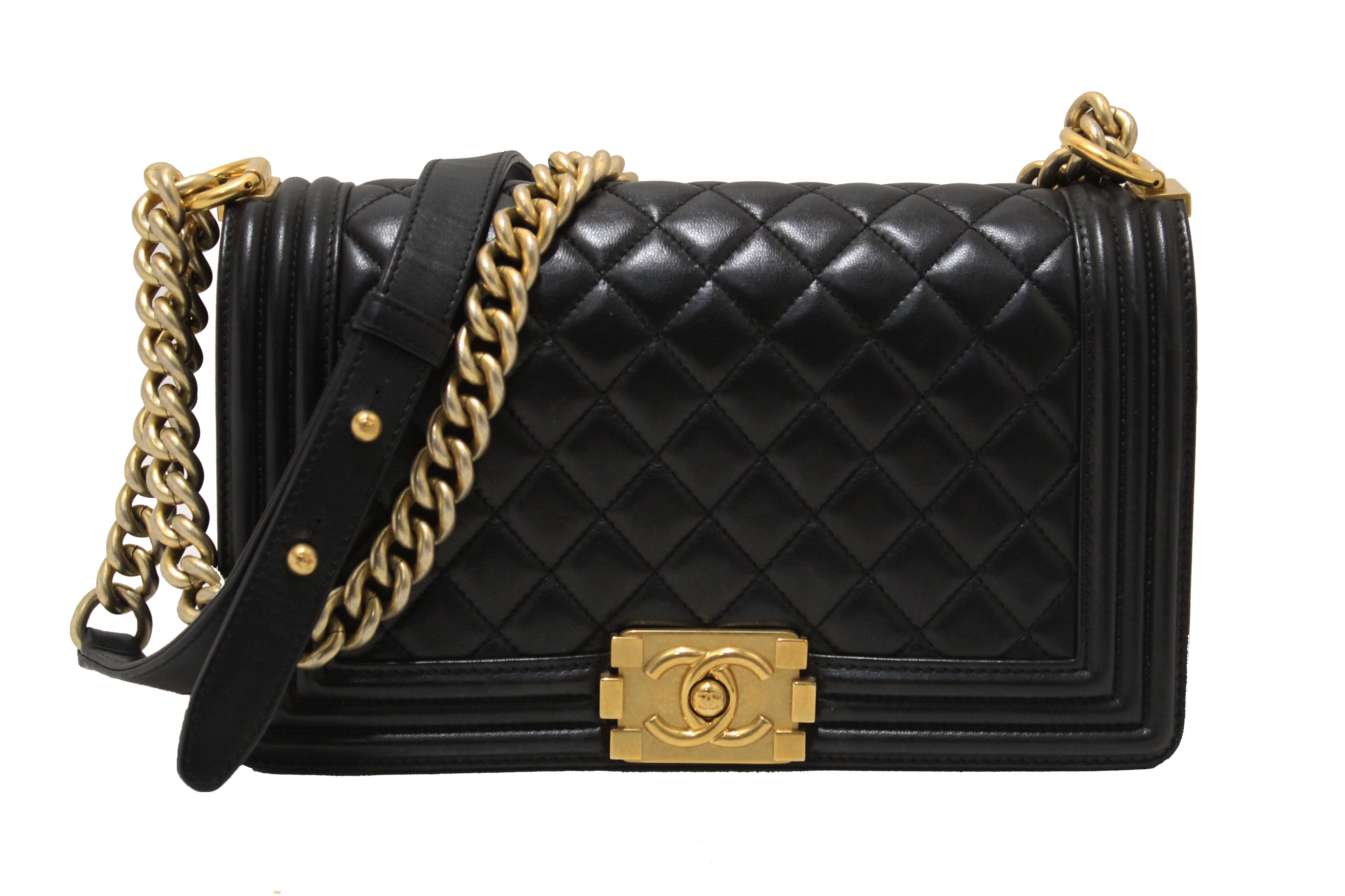 Authentic Chanel Black Quilted Lambskin Leather Medium Boy Shoulder Bag