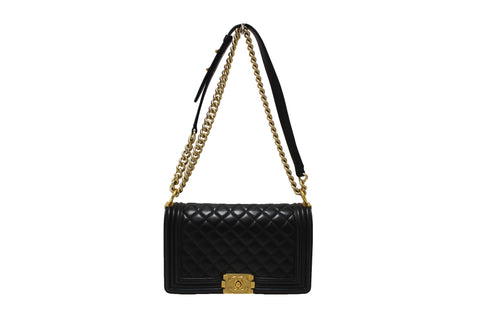 Authentic Chanel Black Quilted Lambskin Leather Medium Boy Shoulder Bag