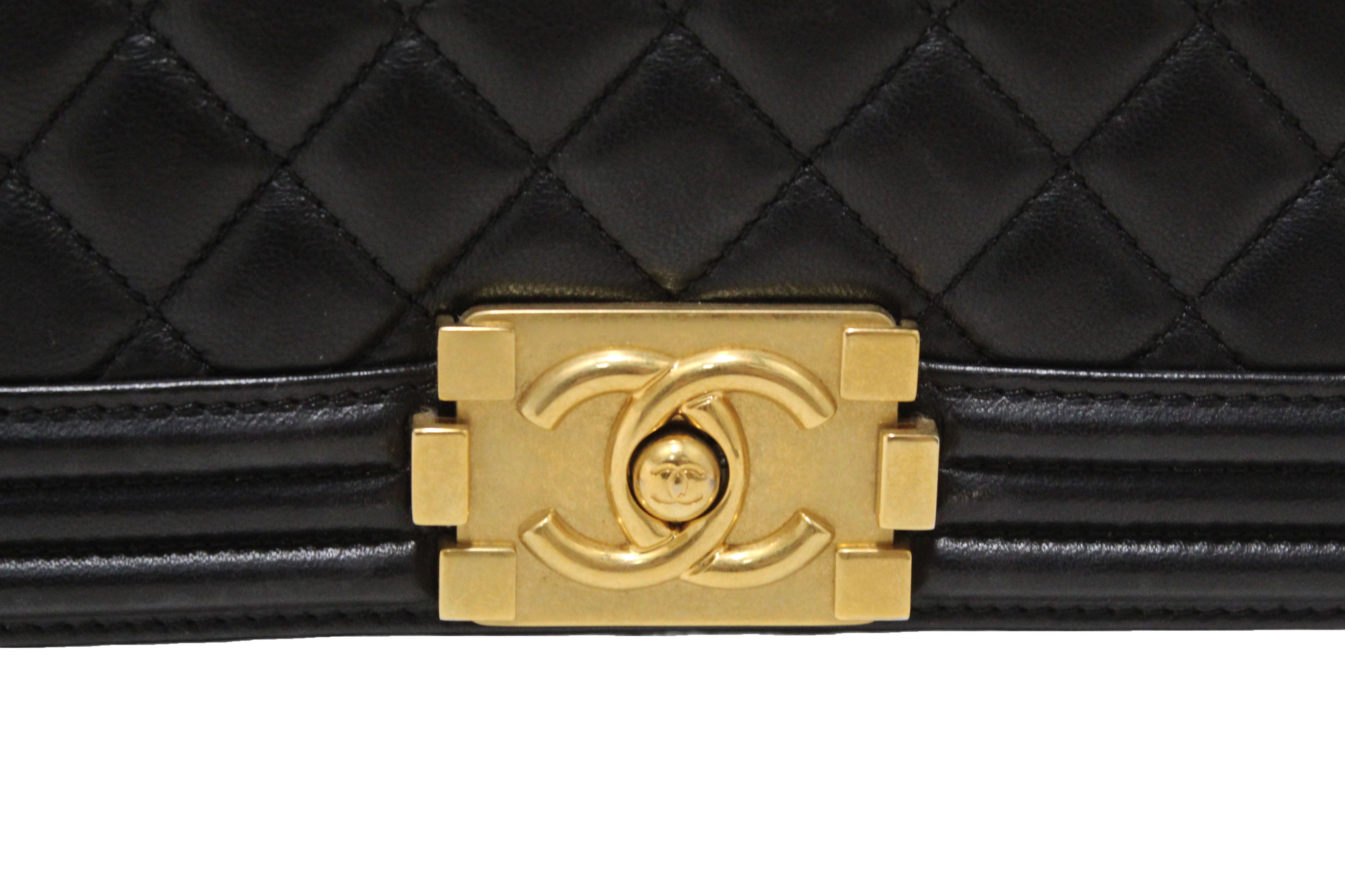 Authentic Chanel Black Quilted Lambskin Leather Medium Boy Shoulder Bag