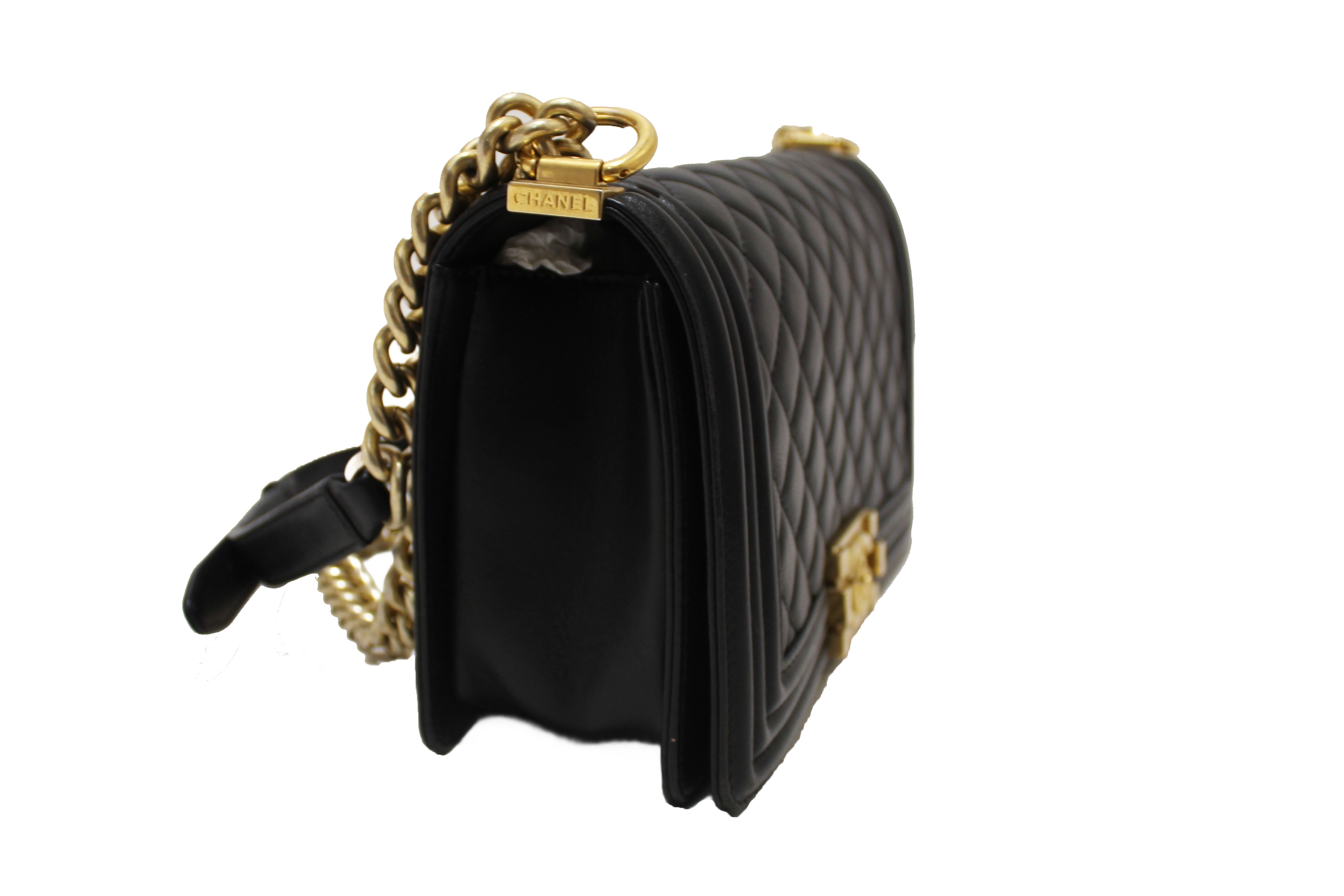 Authentic Chanel Black Quilted Lambskin Leather Medium Boy Shoulder Bag