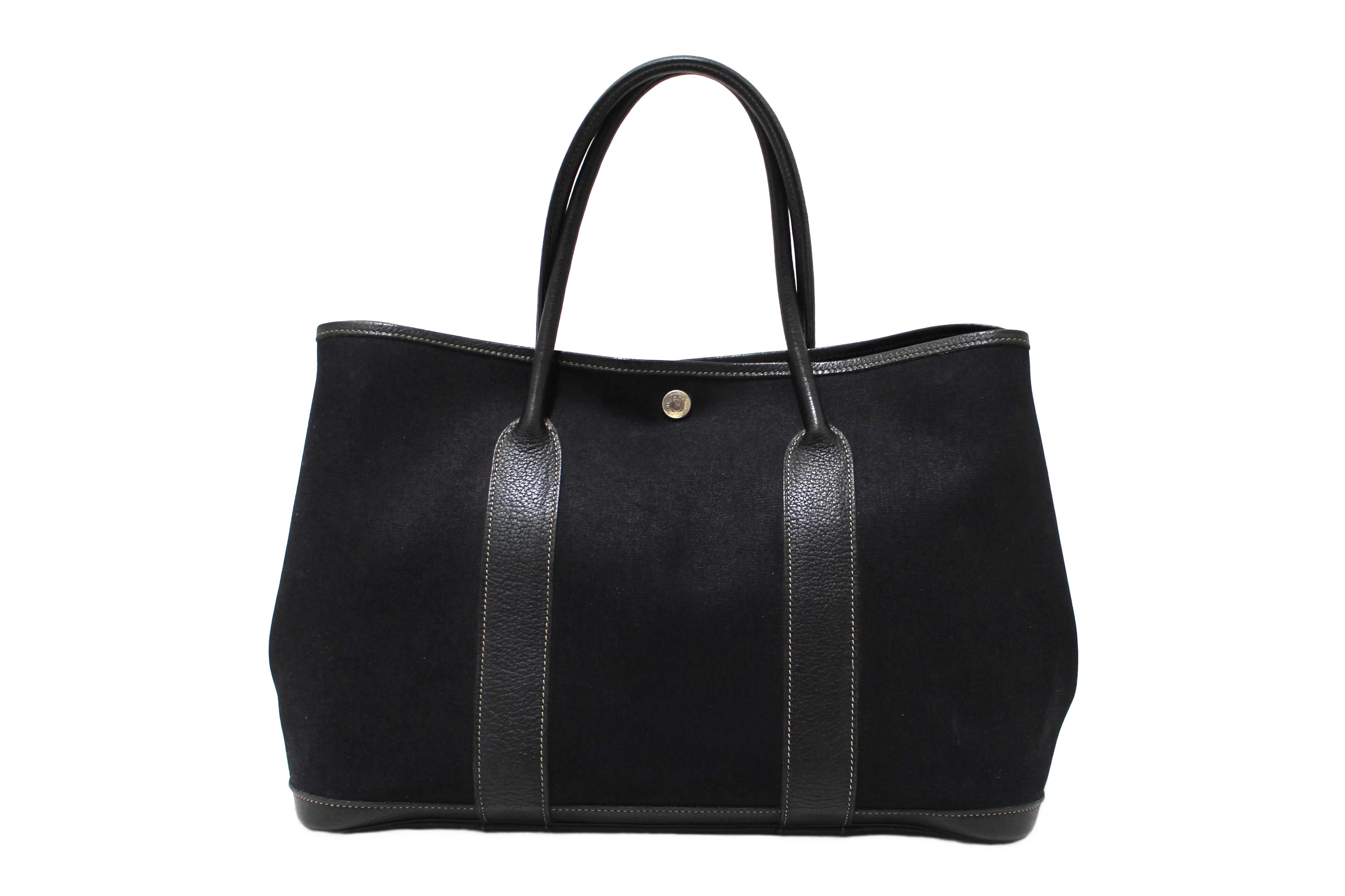 Authentic Hermes Black Toile and Leather Garden Party 36 MM Tote Bag