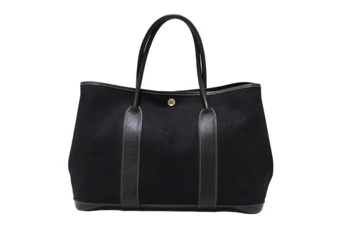 Authentic Hermes Black Toile and Leather Garden Party 36 MM Tote Bag
