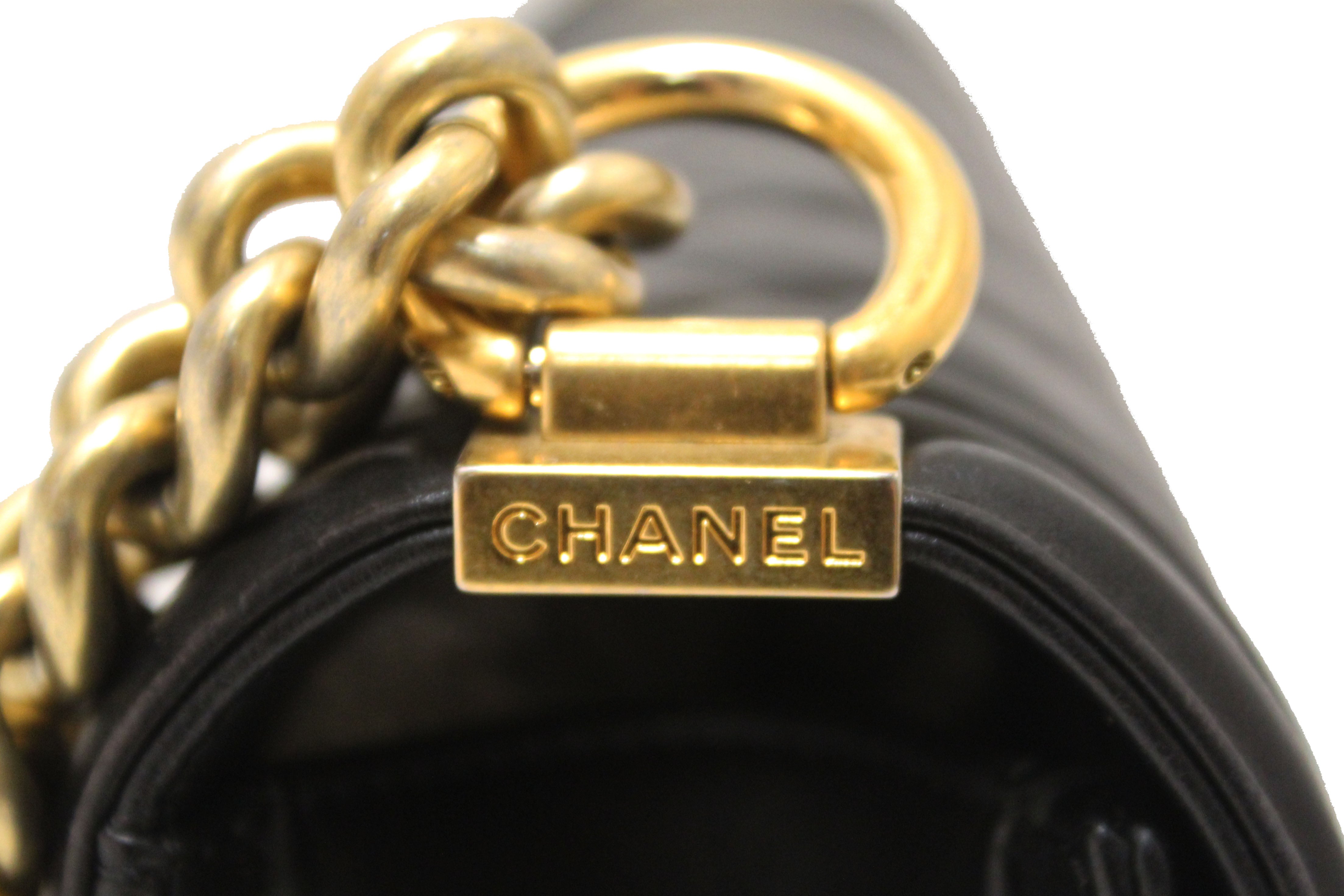 Authentic Chanel Black Quilted Lambskin Leather Medium Boy Shoulder Bag