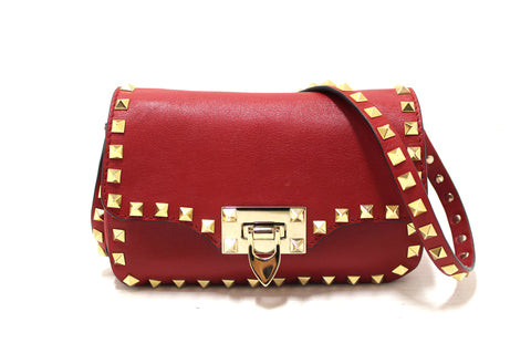 Authentic Valentino Garavani Red Vitello Mini Rockstud Flap Saddle Crossbody Bag