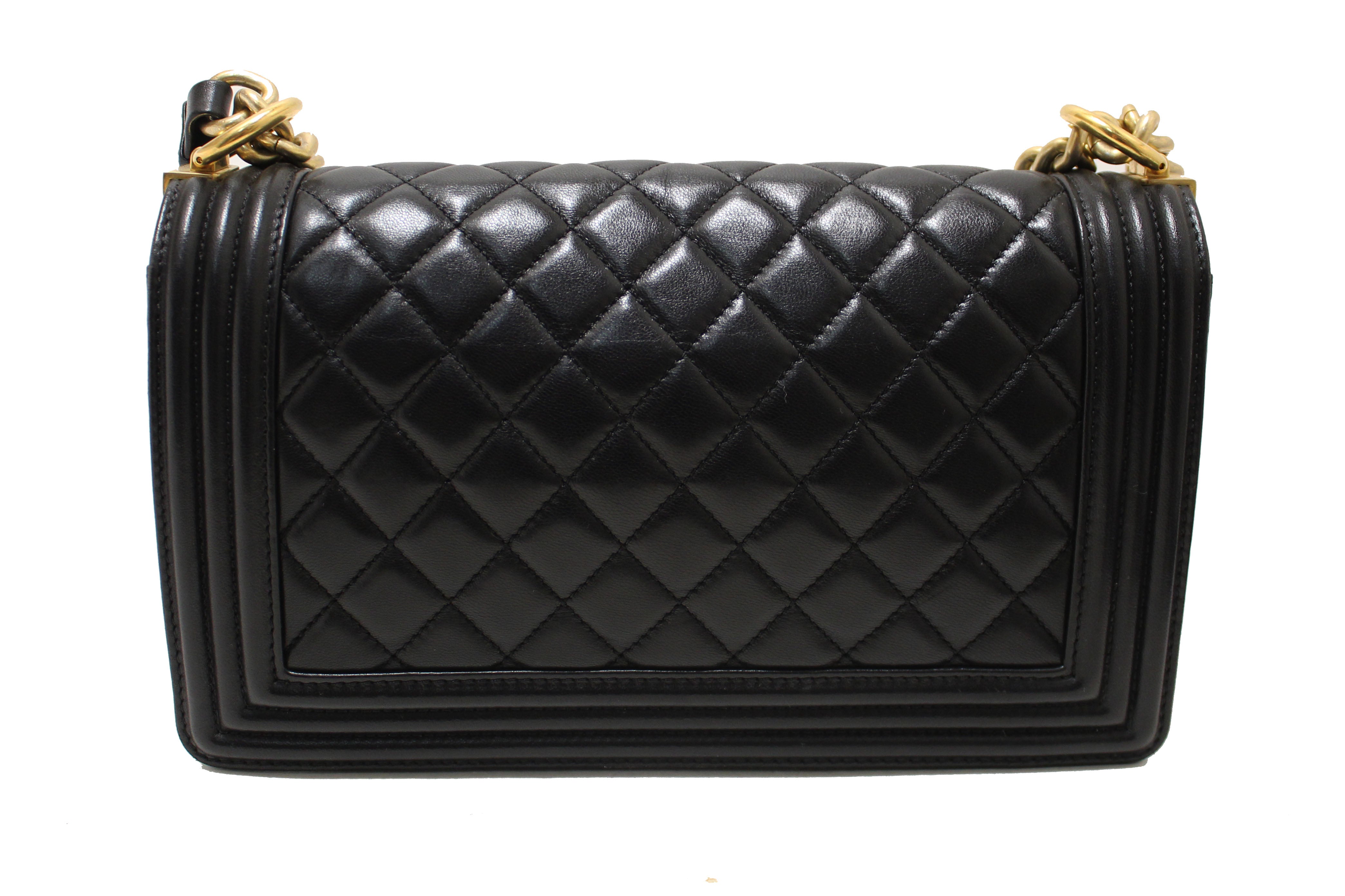 Authentic Chanel Black Quilted Lambskin Leather Medium Boy Shoulder Bag