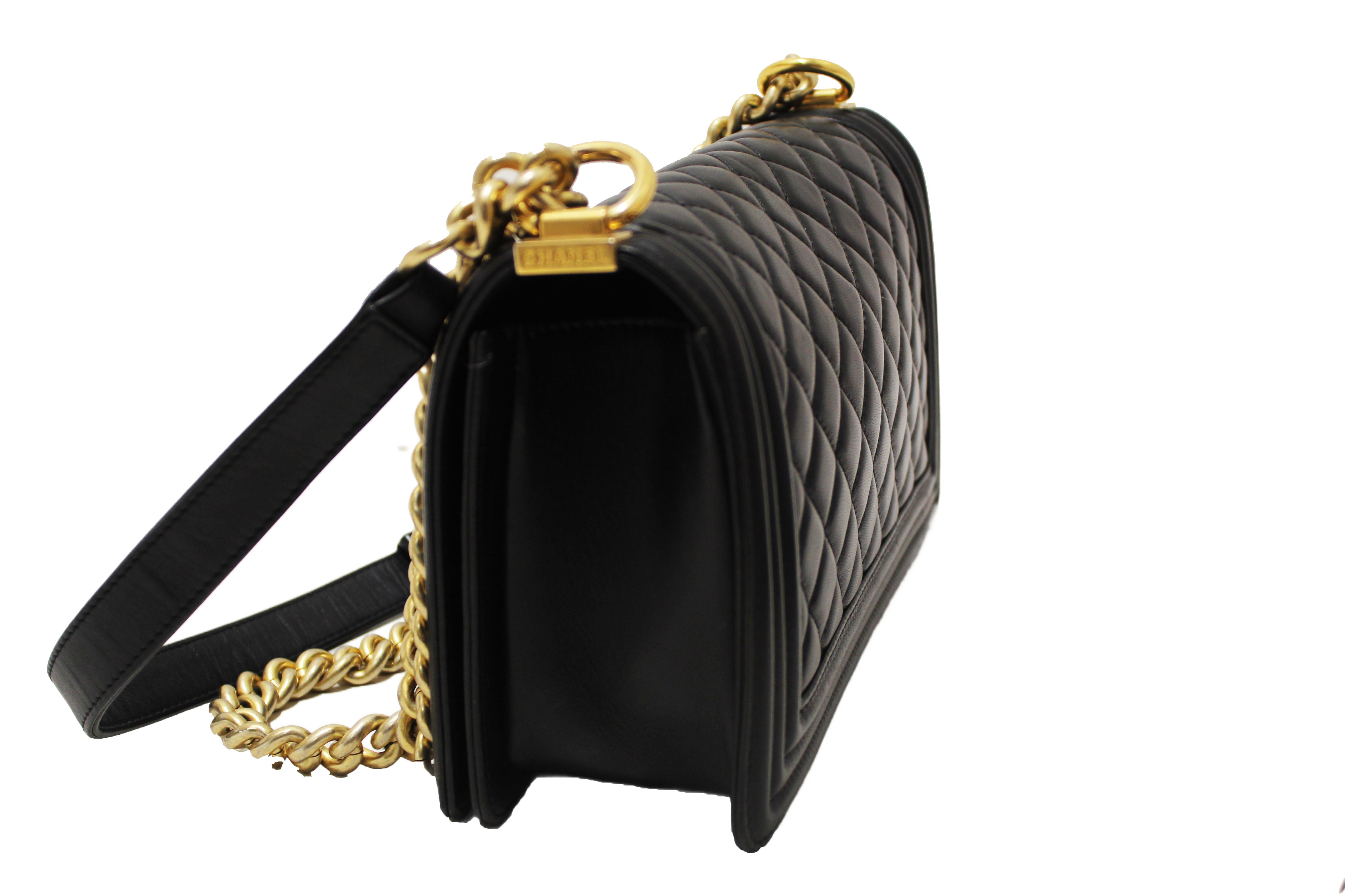 Authentic Chanel Black Quilted Lambskin Leather Medium Boy Shoulder Bag