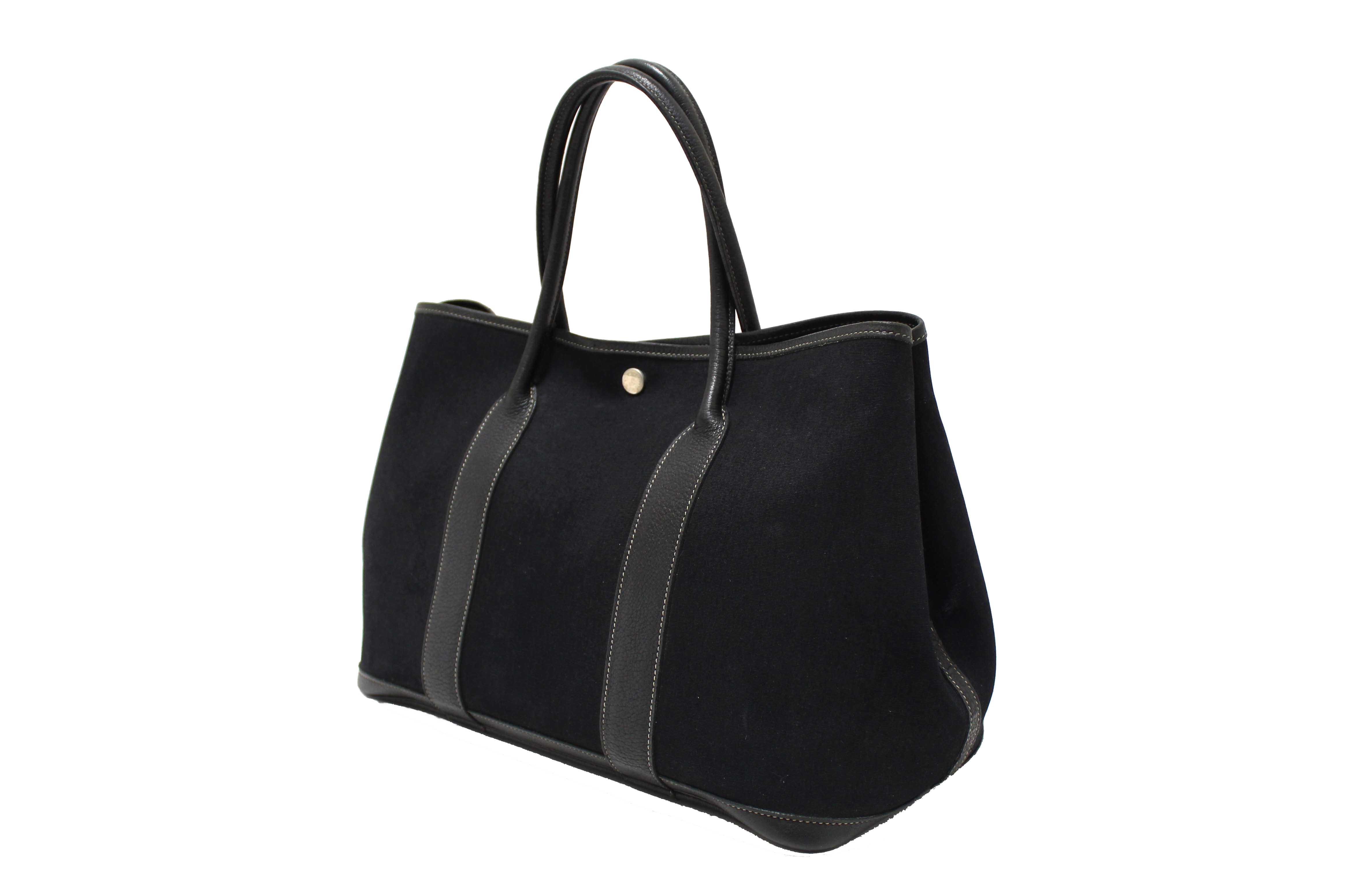 Authentic Hermes Black Toile and Leather Garden Party 36 MM Tote Bag