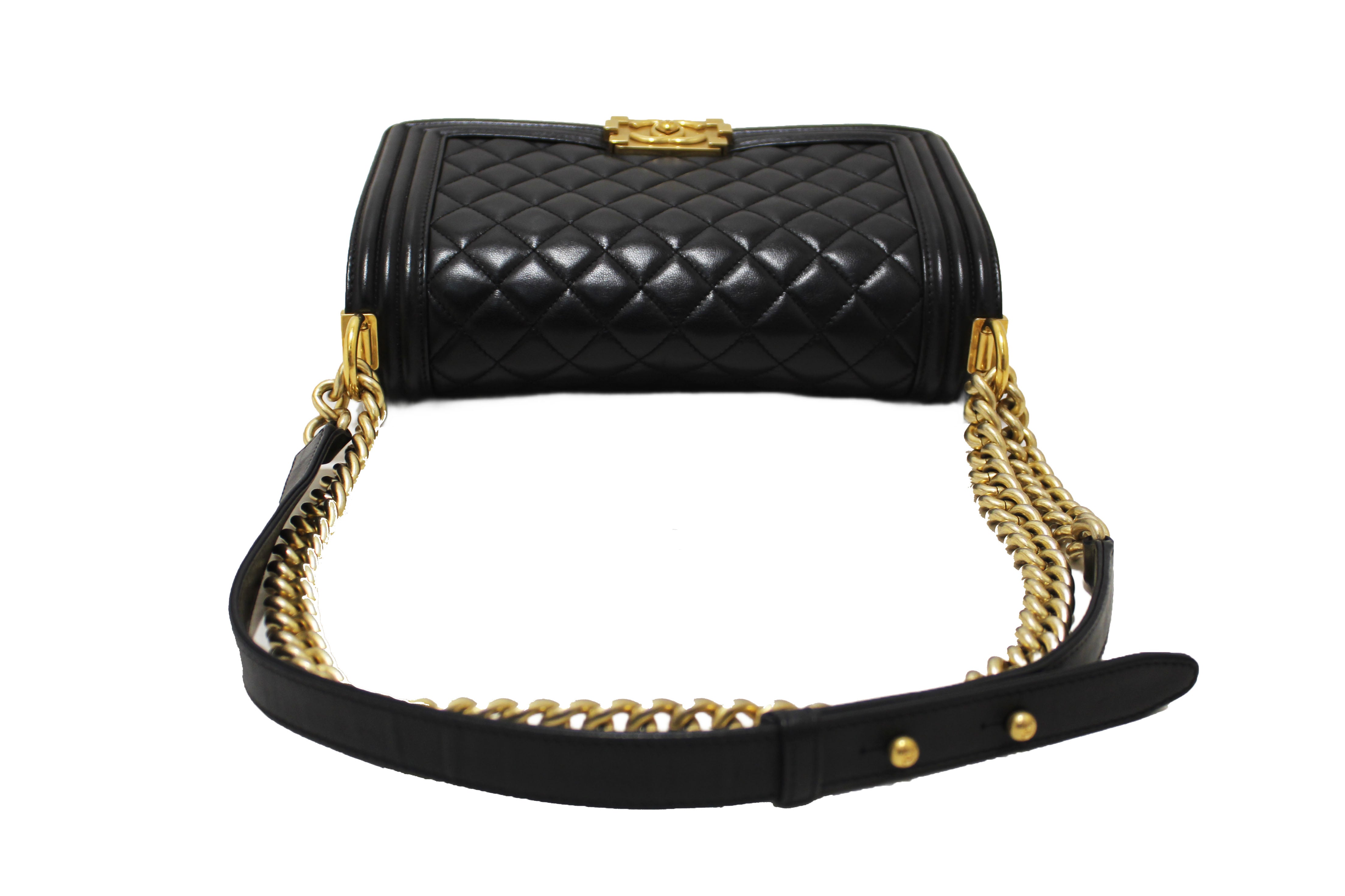 Authentic Chanel Black Quilted Lambskin Leather Medium Boy Shoulder Bag