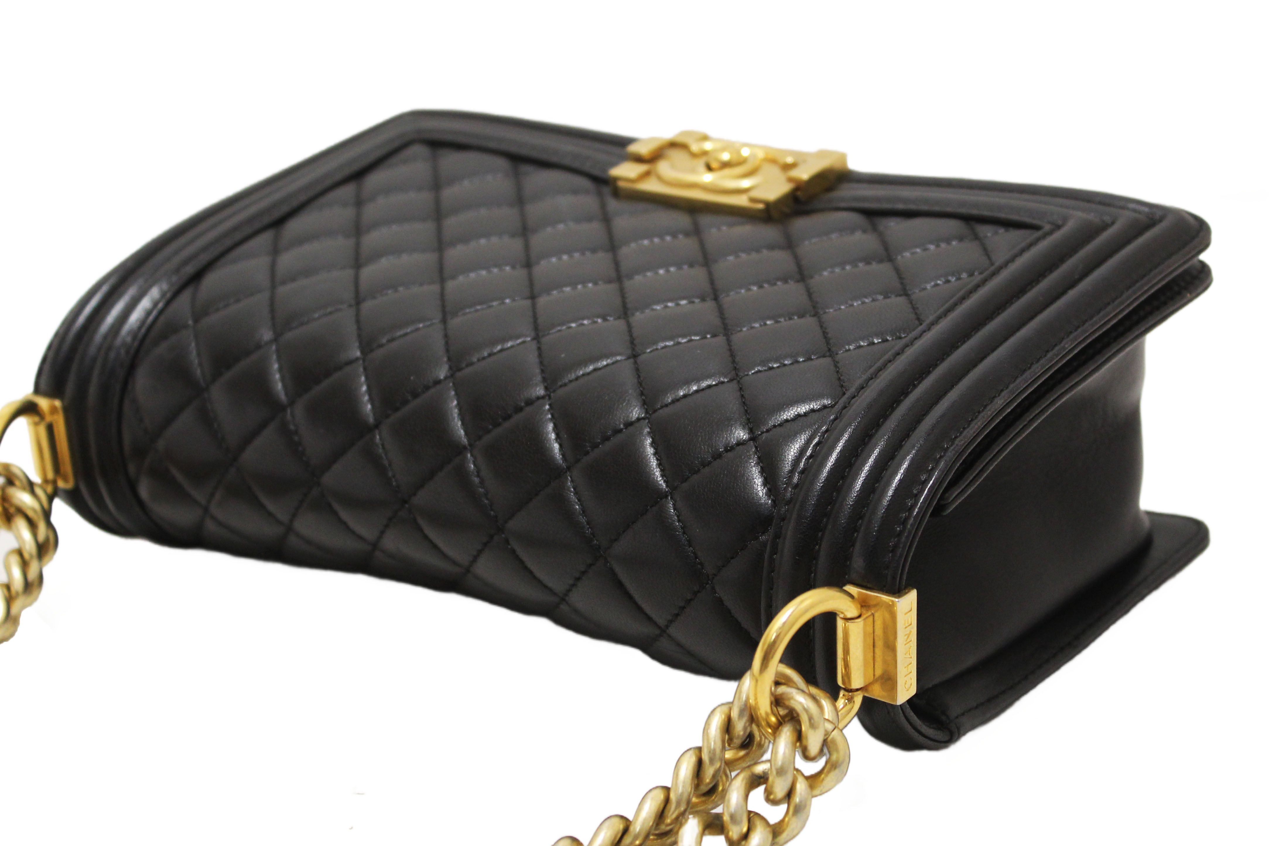 Authentic Chanel Black Quilted Lambskin Leather Medium Boy Shoulder Bag
