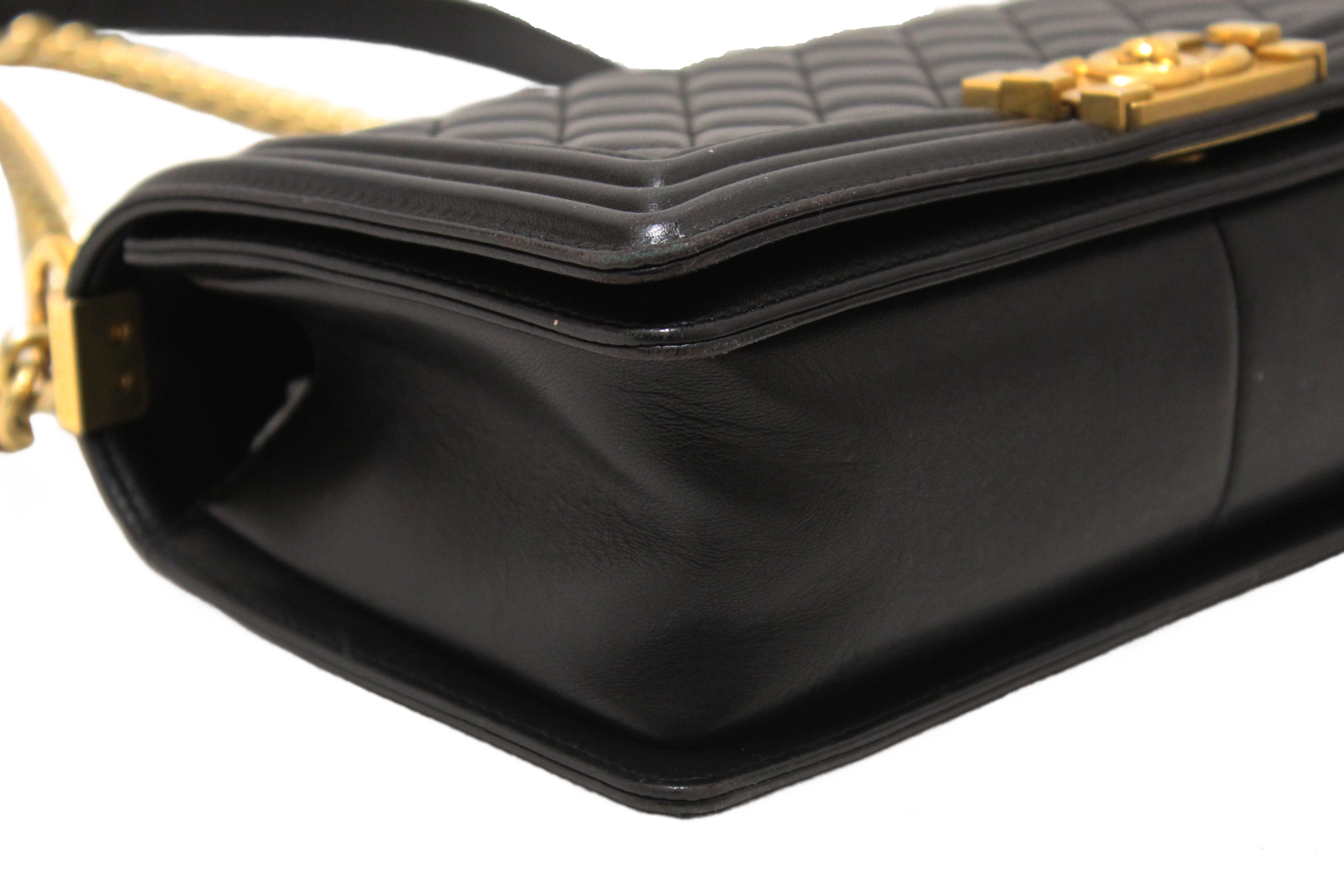 Authentic Chanel Black Quilted Lambskin Leather Medium Boy Shoulder Bag