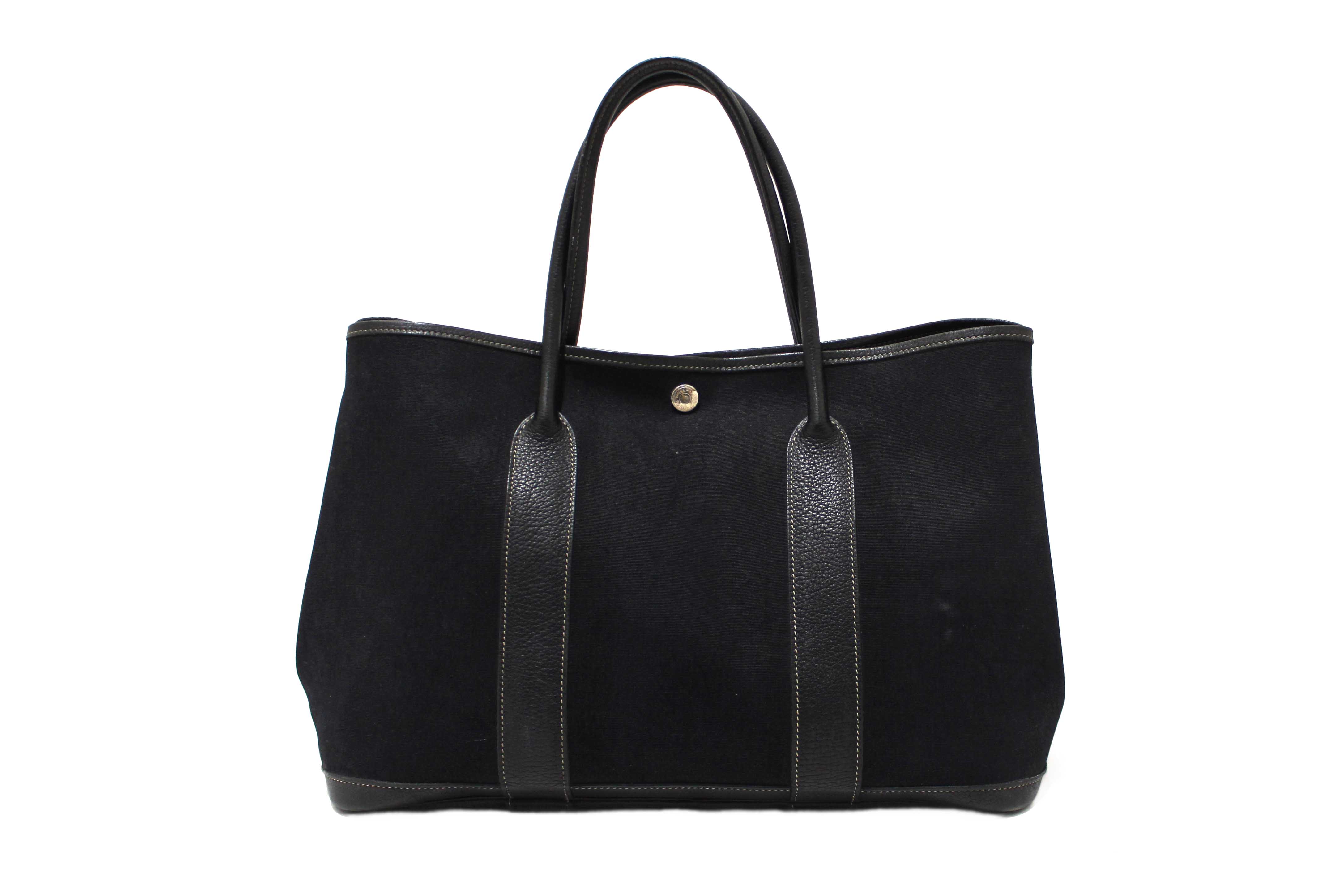 Authentic Hermes Black Toile and Leather Garden Party 36 MM Tote Bag
