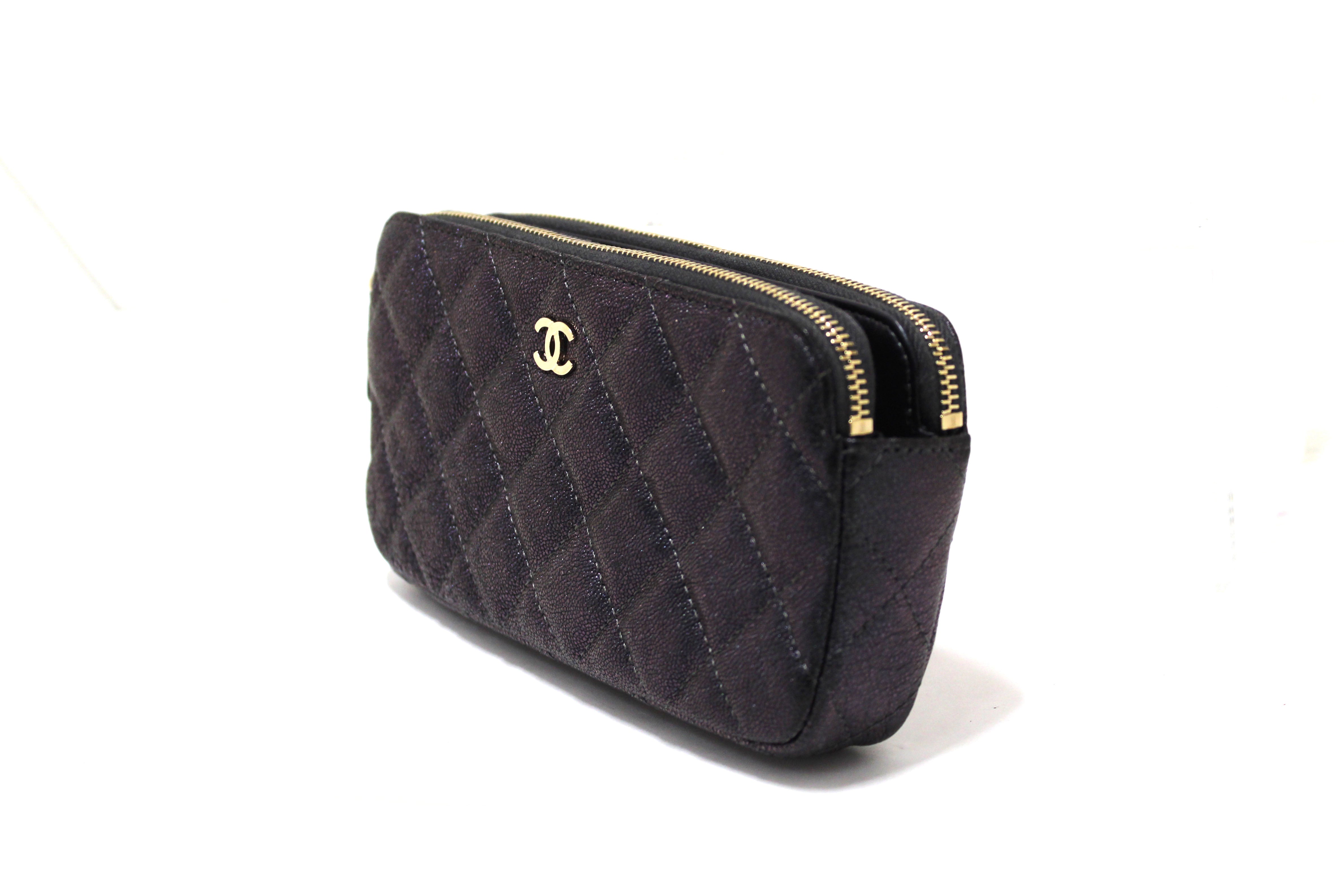 Authentic Chanel Quilted Black Iridescent Caviar Double Zip Wallet On Chain