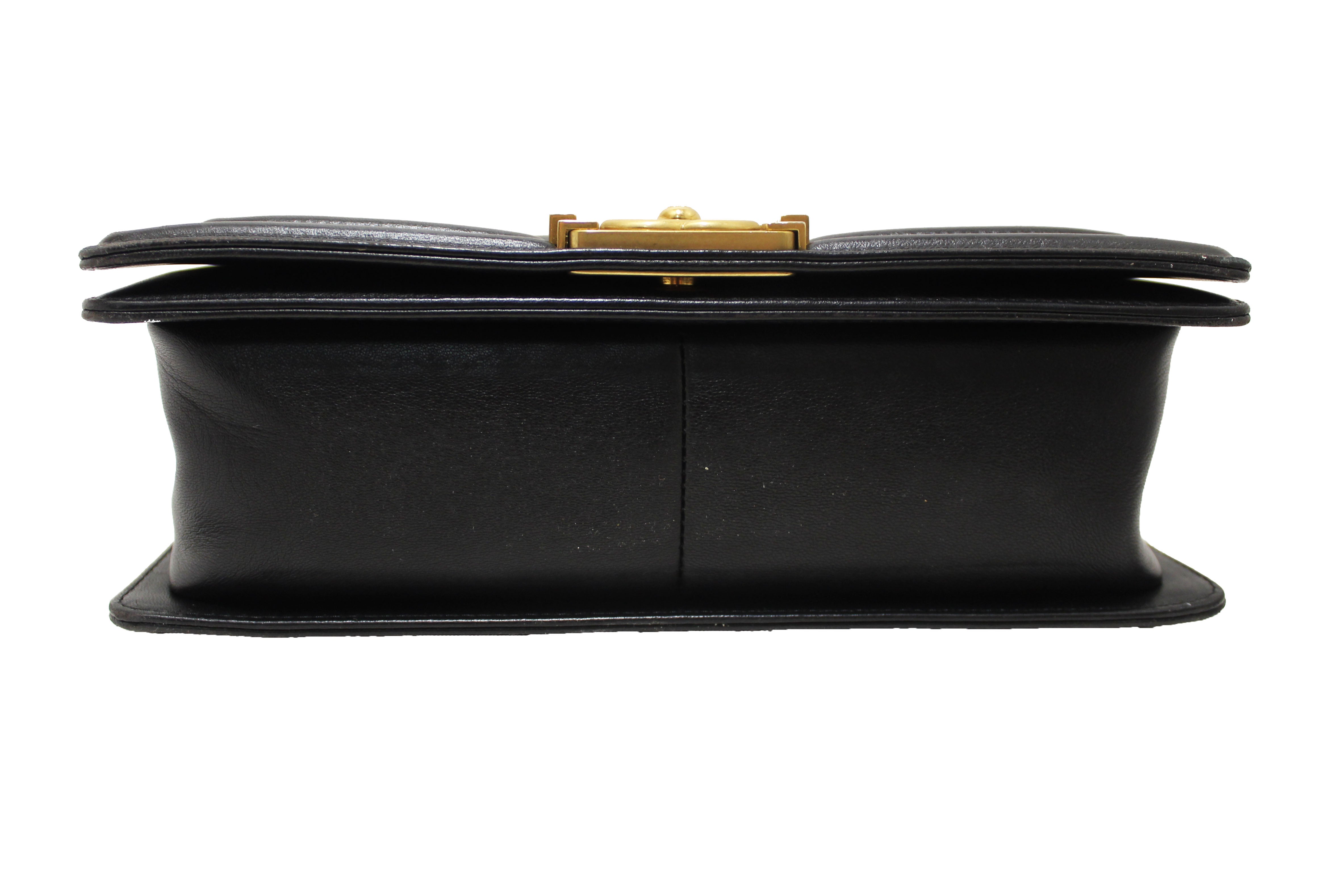 Authentic Chanel Black Quilted Lambskin Leather Medium Boy Shoulder Bag