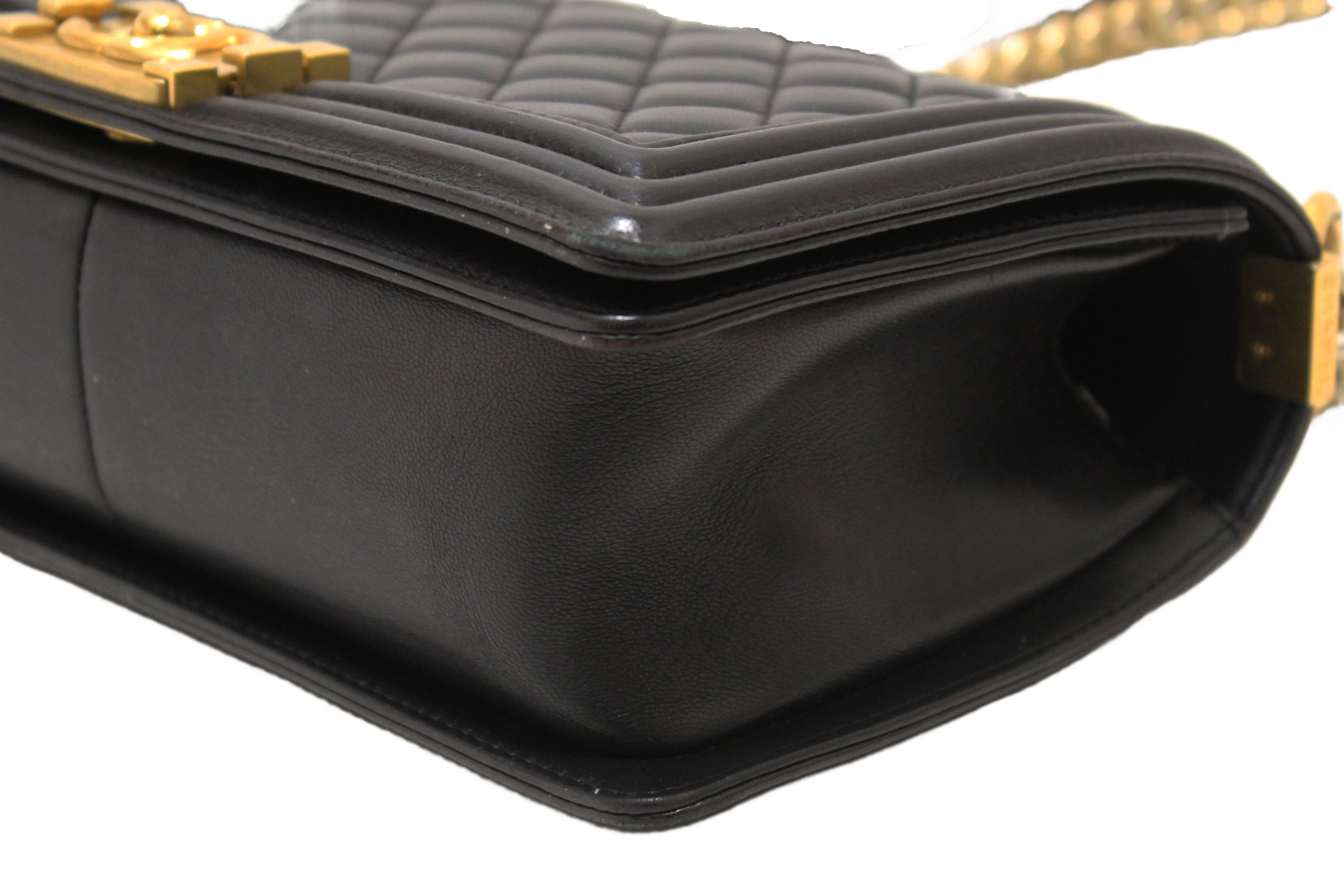 Authentic Chanel Black Quilted Lambskin Leather Medium Boy Shoulder Bag