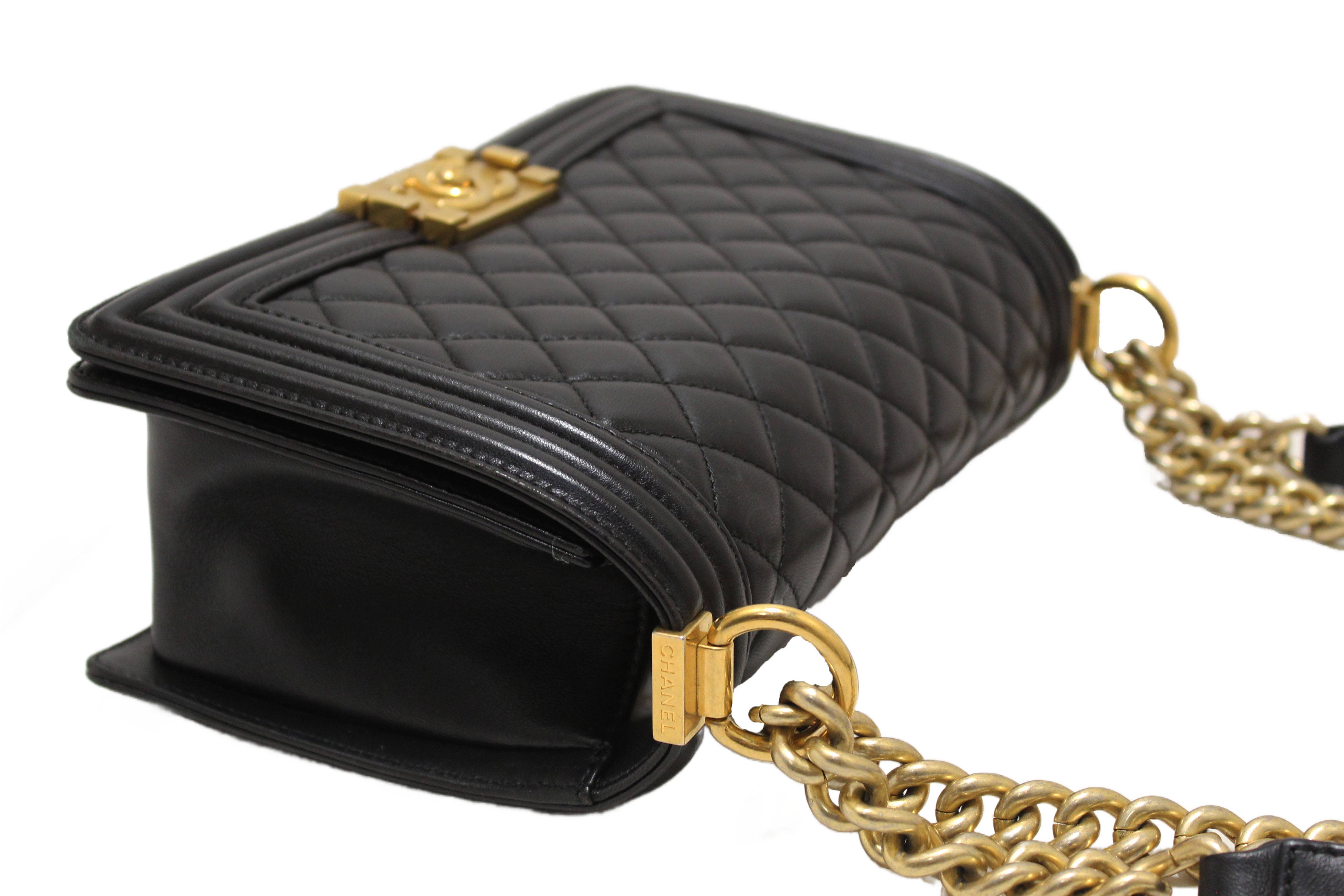 Authentic Chanel Black Quilted Lambskin Leather Medium Boy Shoulder Bag