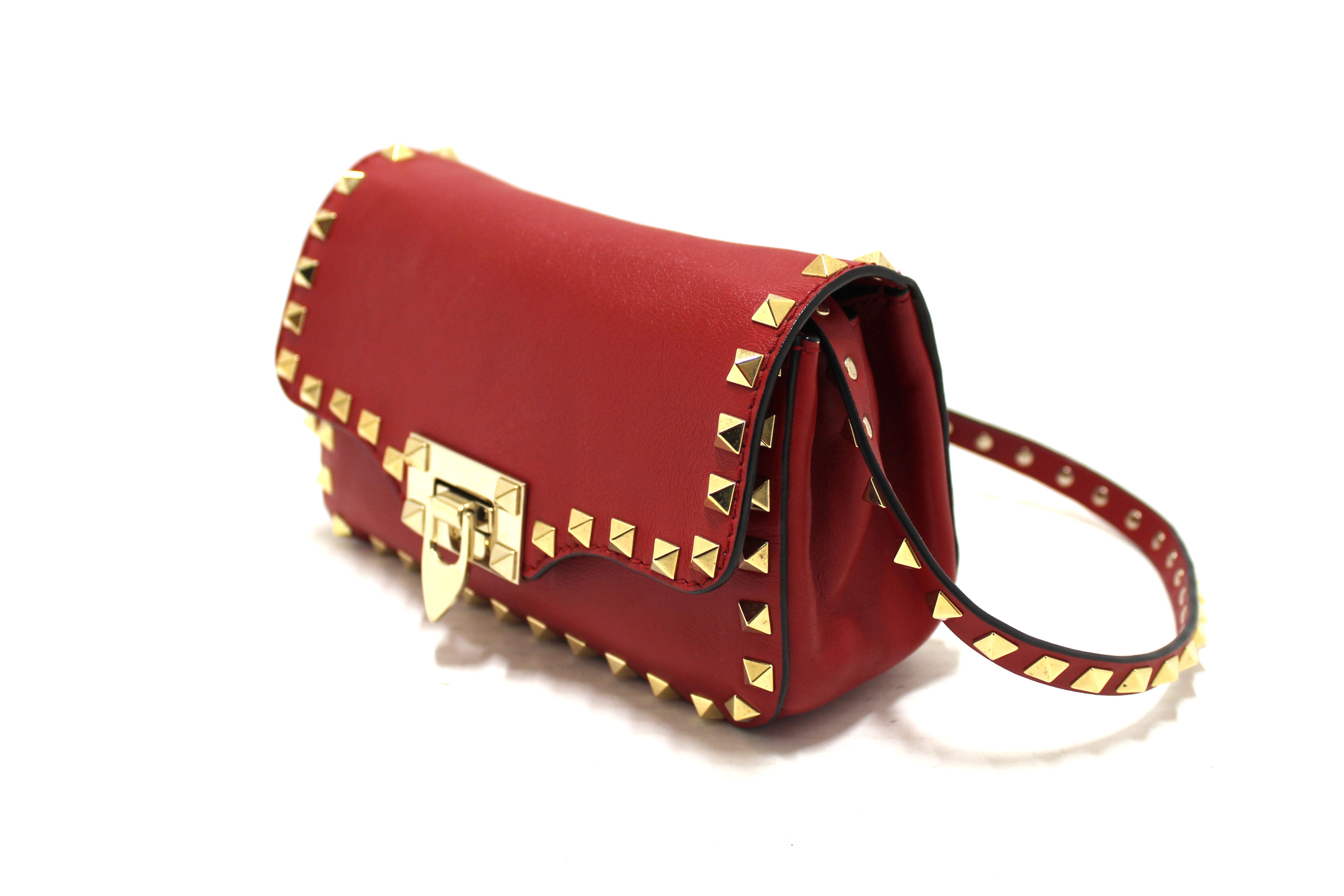 Authentic Valentino Garavani Red Vitello Mini Rockstud Flap Saddle Crossbody Bag