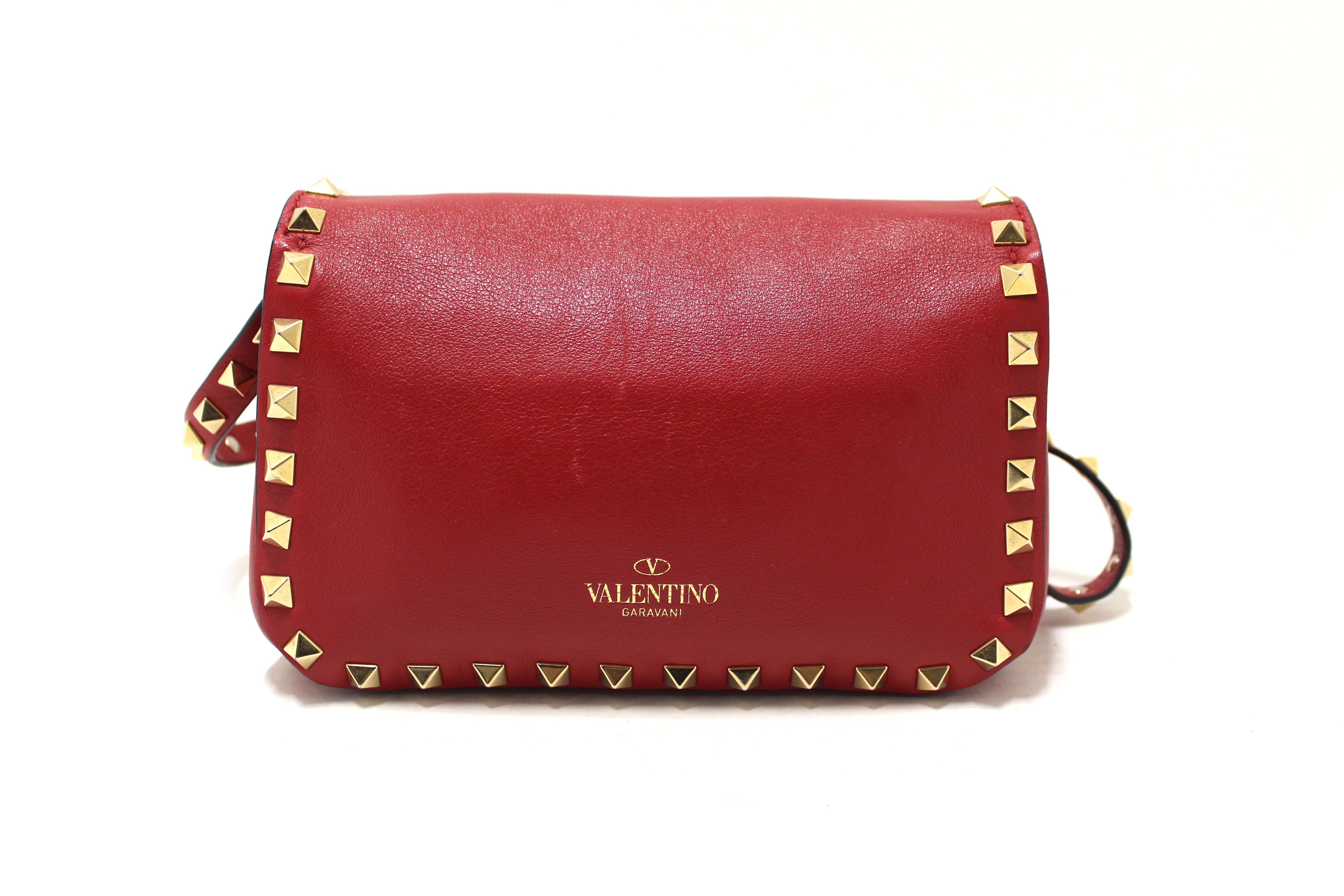 Authentic Valentino Garavani Red Vitello Mini Rockstud Flap Saddle Crossbody Bag