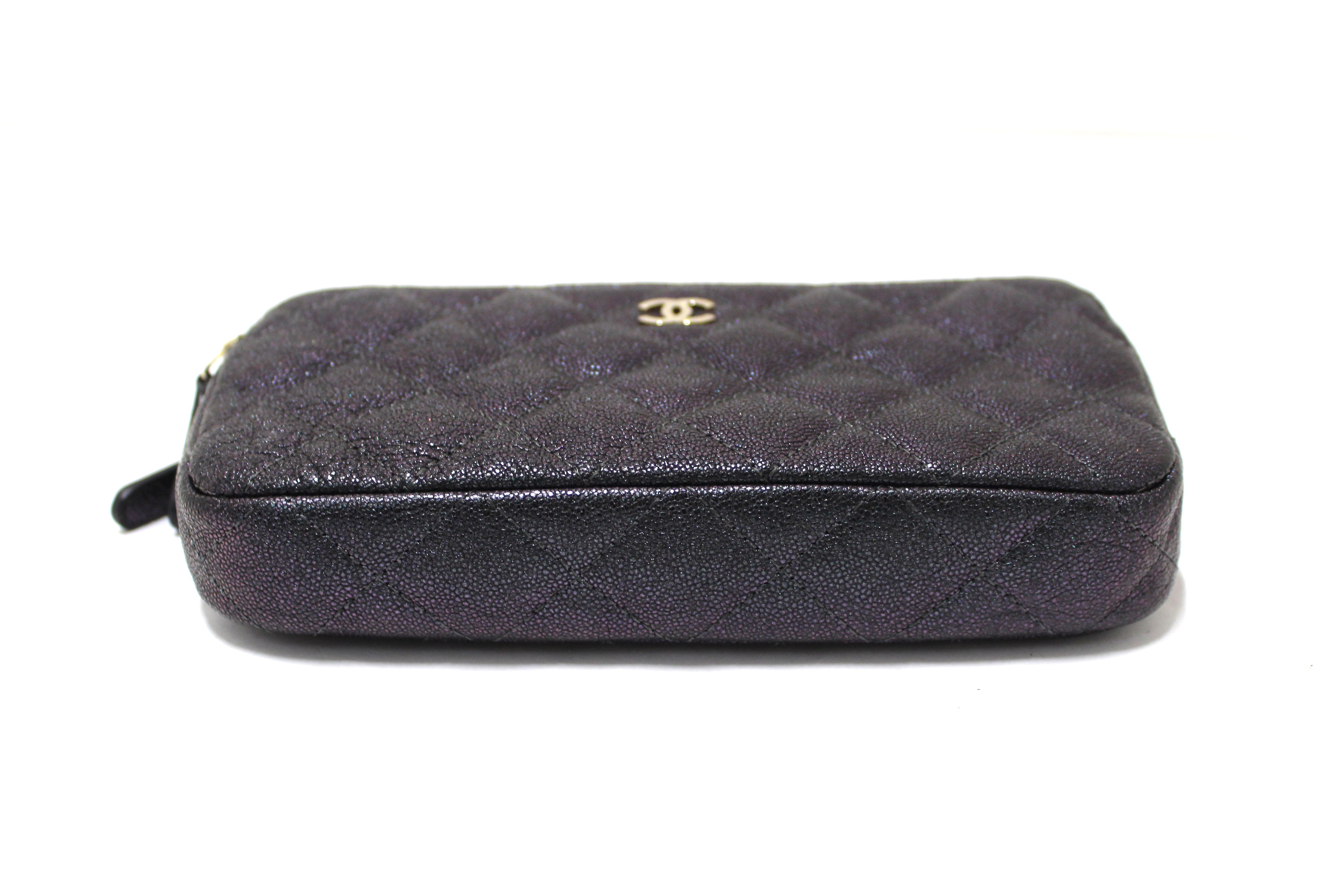 Authentic Chanel Quilted Black Iridescent Caviar Double Zip Wallet On Chain