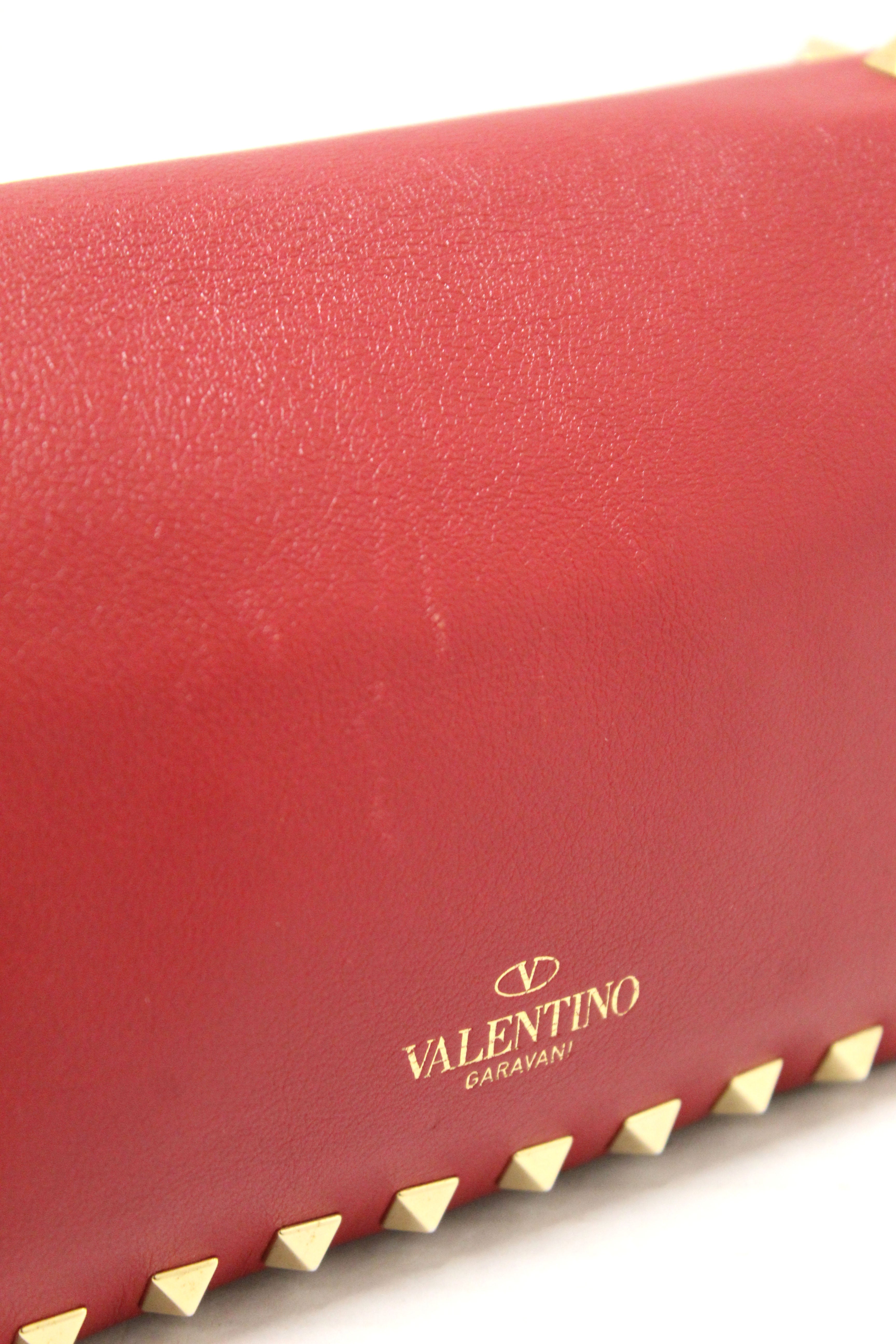 Authentic Valentino Garavani Red Vitello Mini Rockstud Flap Saddle Crossbody Bag